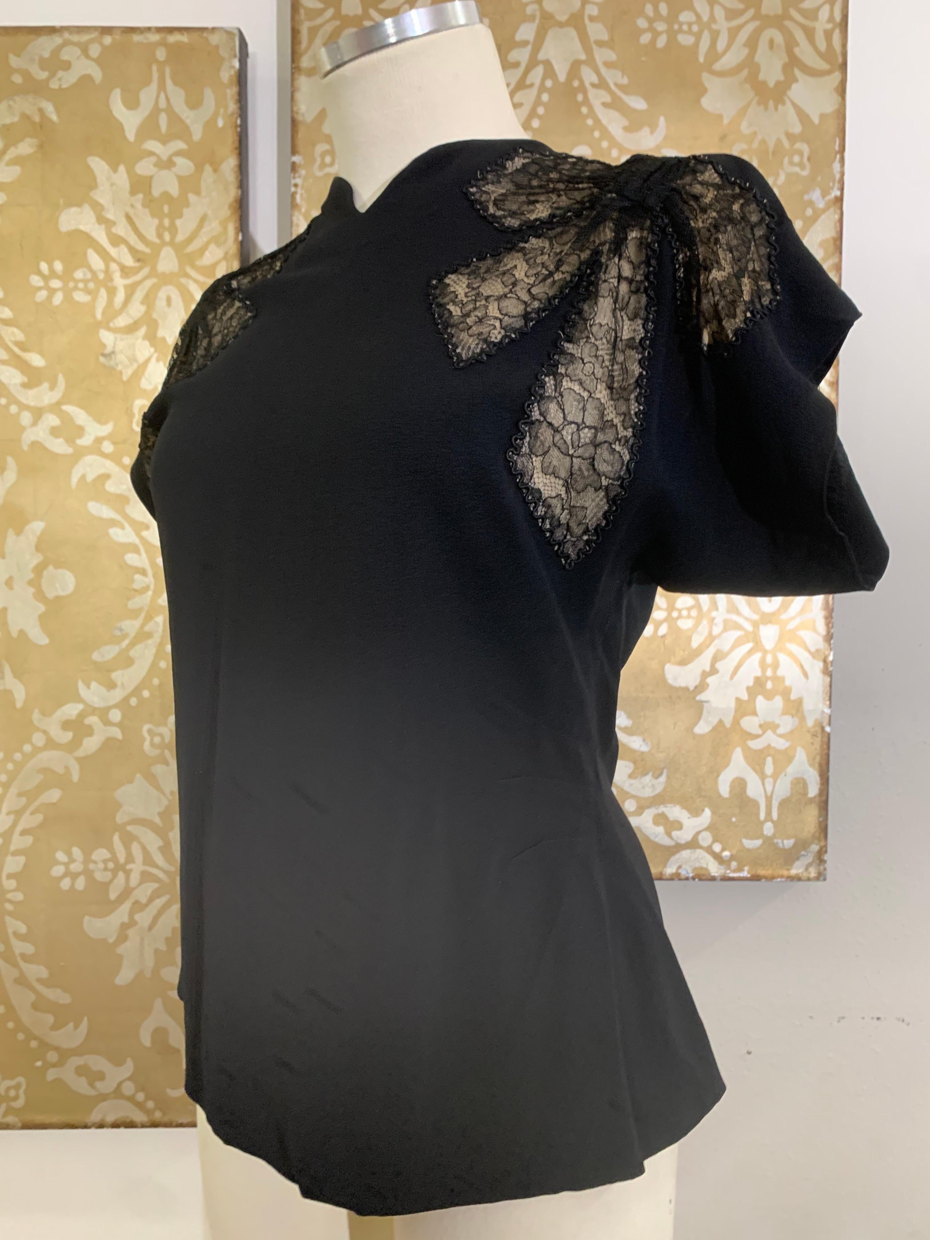 1940s Black Rayon Crepe Evening Blouse w Black Illusion Lace Inset Bows. In Excellent Condition For Sale In Gresham, OR