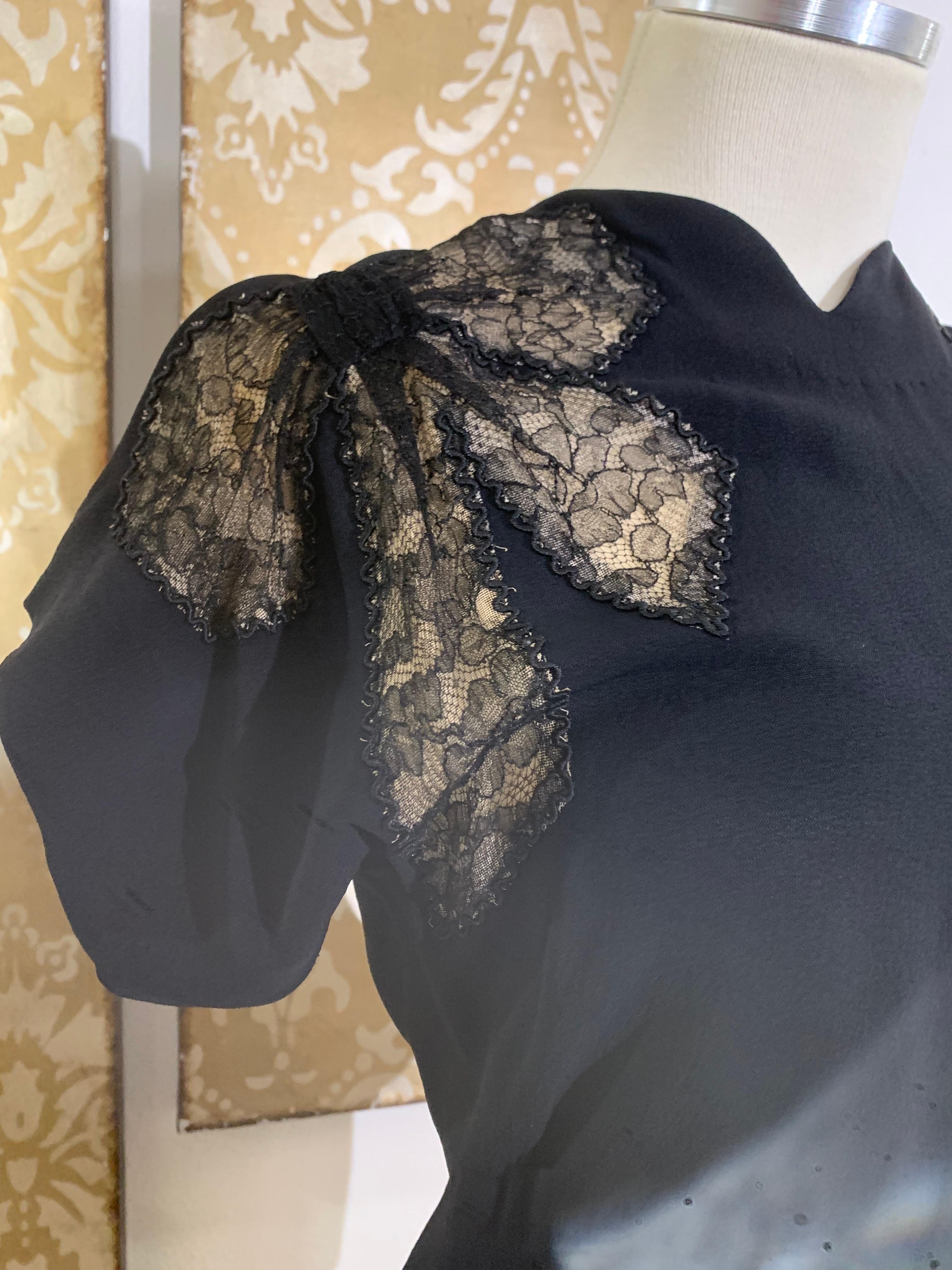 Women's 1940s Black Rayon Crepe Evening Blouse w Black Illusion Lace Inset Bows. For Sale