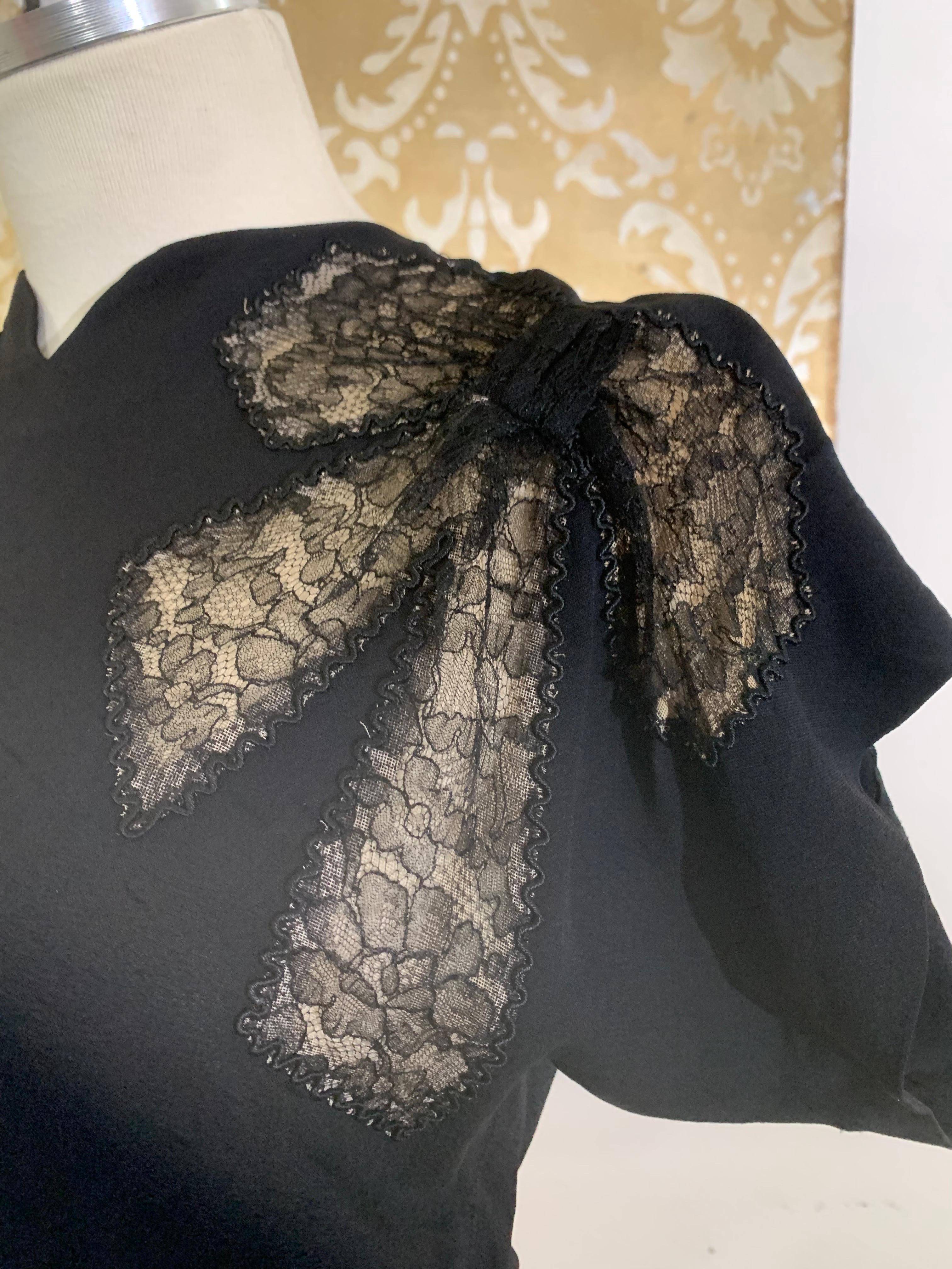 1940s Black Rayon Crepe Evening Blouse w Black Illusion Lace Inset Bows. For Sale 1