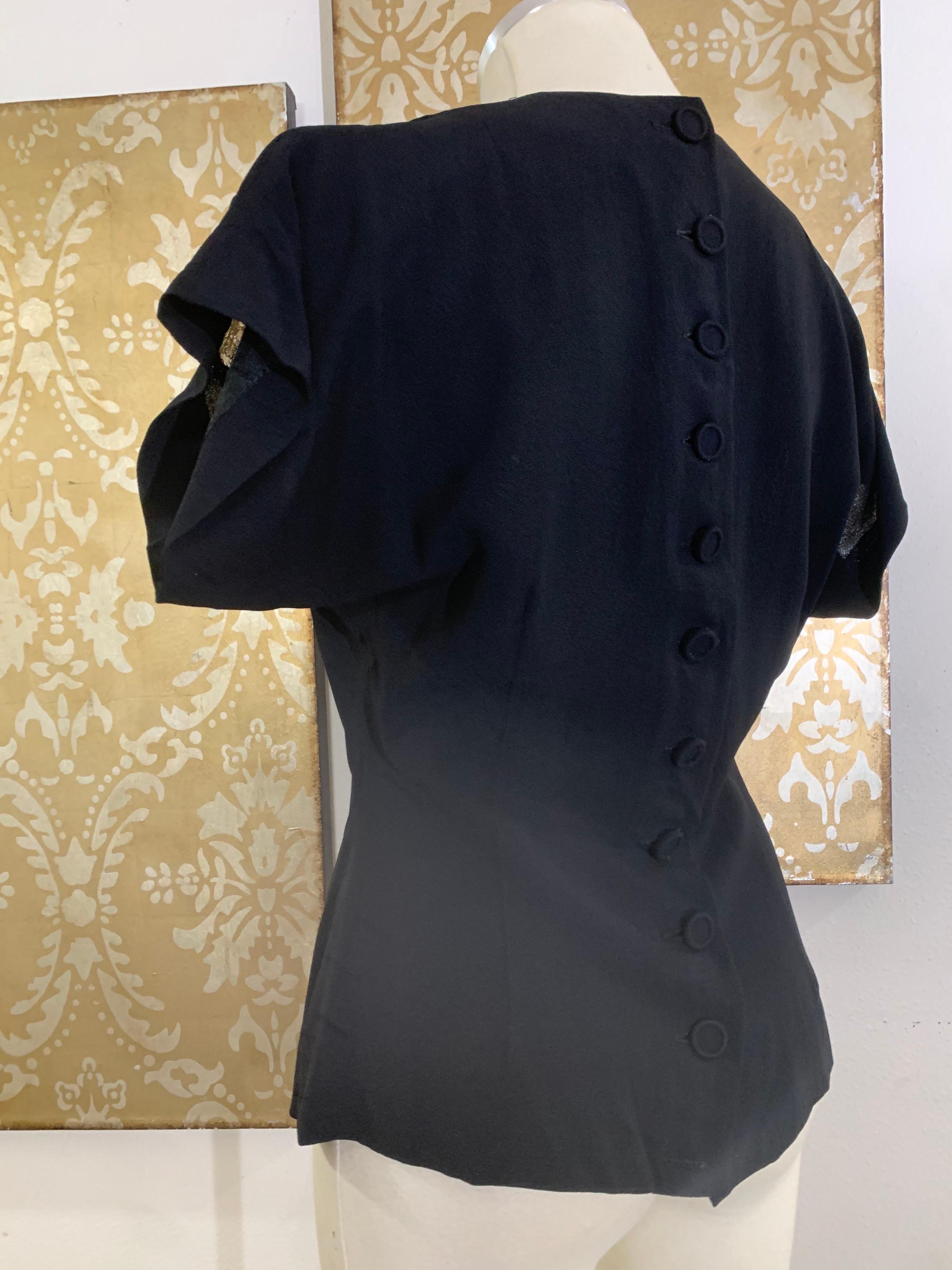 1940s Black Rayon Crepe Evening Blouse w Black Illusion Lace Inset Bows. For Sale 2