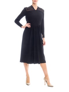 1940S Black Rayon Crepe Long Sleeve Dress With Lace Insertion & Pin Tucked Bodi
