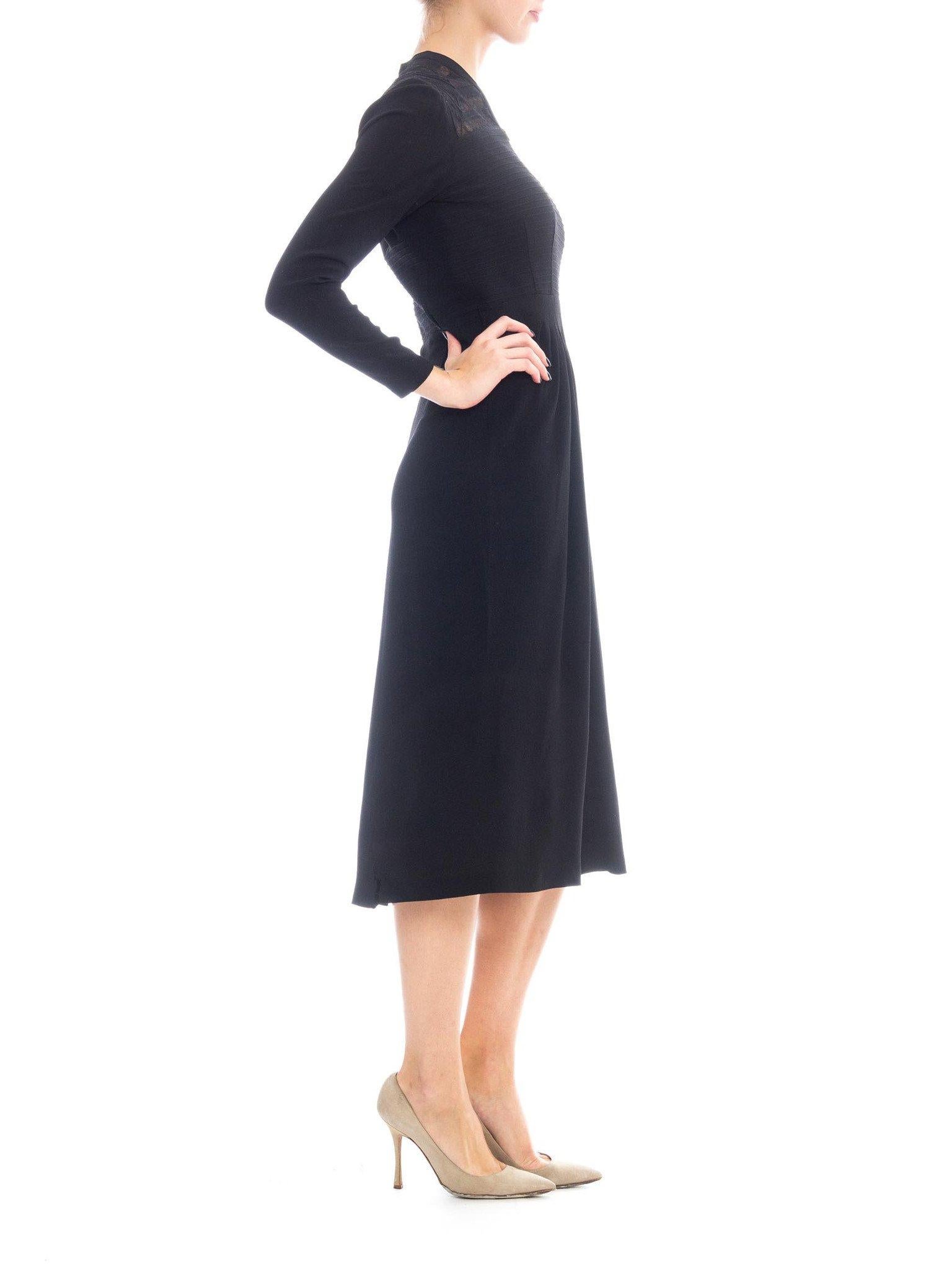 1940S Black Rayon Crepe Long Sleeve Dress With Lace Insertion & Pin Tucked Bodi In Excellent Condition For Sale In New York, NY