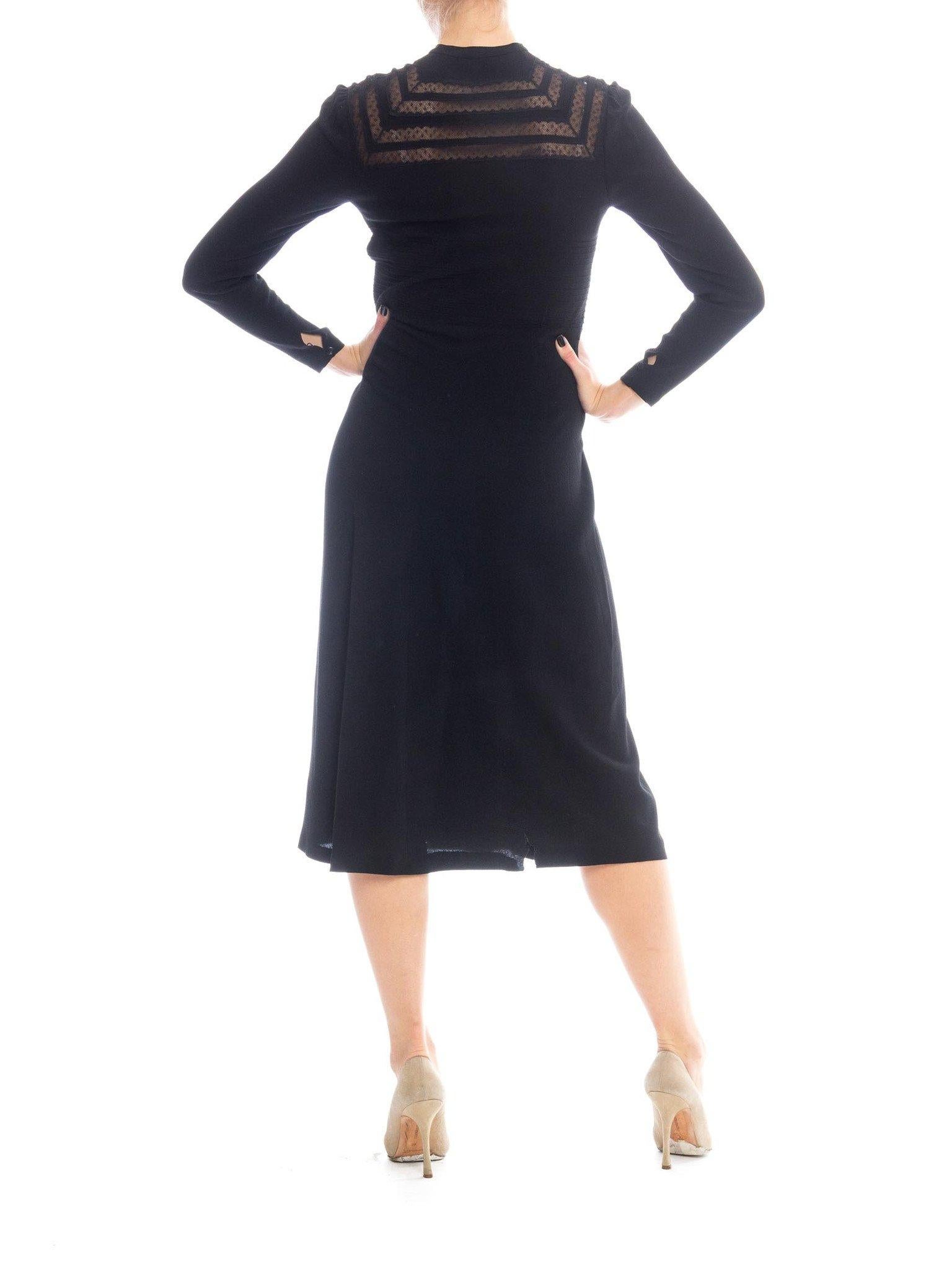 Women's 1940S Black Rayon Crepe Long Sleeve Dress With Lace Insertion & Pin Tucked Bodi For Sale