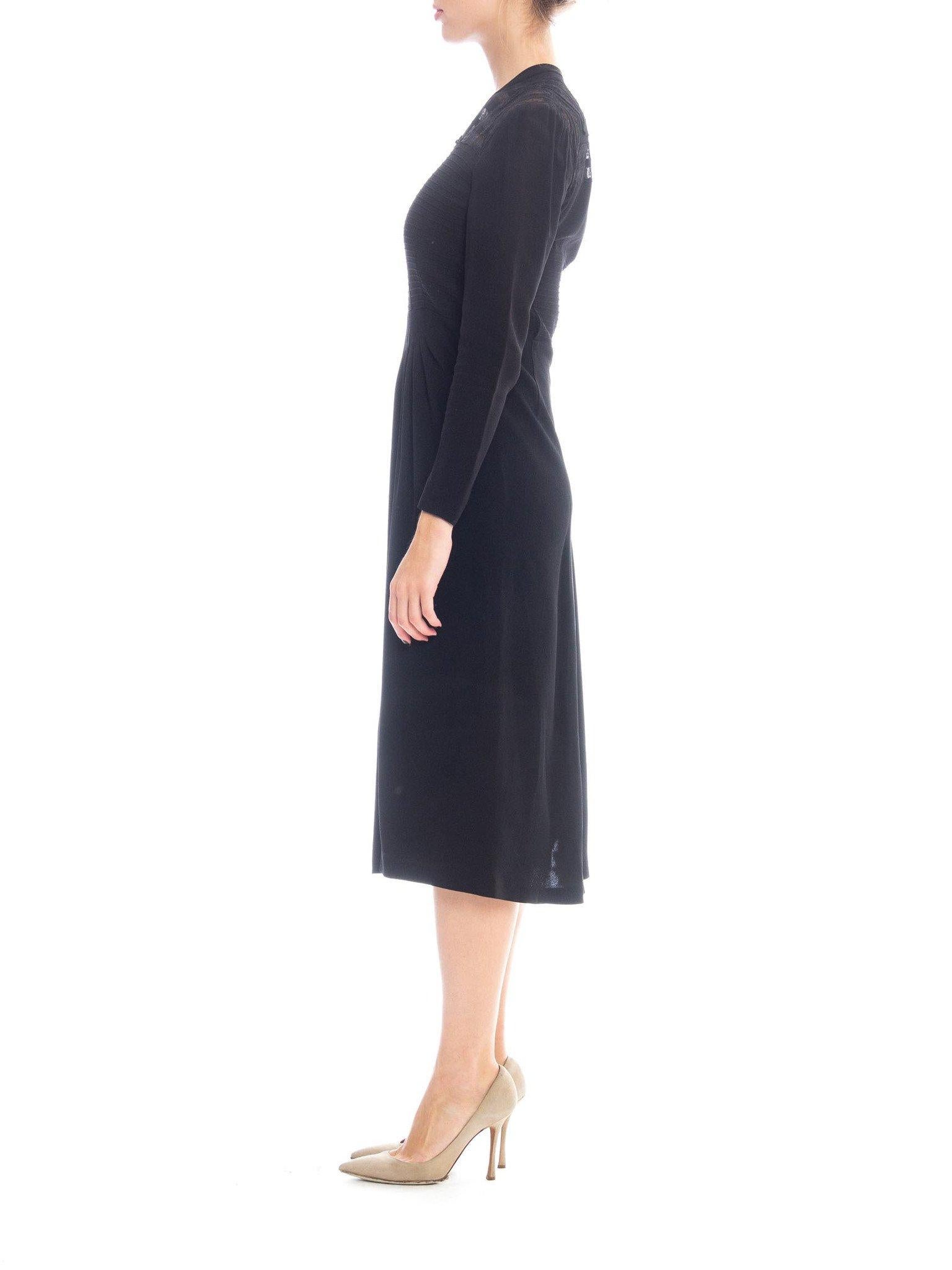 1940S Black Rayon Crepe Long Sleeve Dress With Lace Insertion & Pin Tucked Bodi For Sale 1