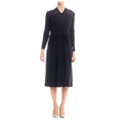 1940S Vestido de manga larga de crepé de rayón negro con inserción de encaje y corpiño fruncido