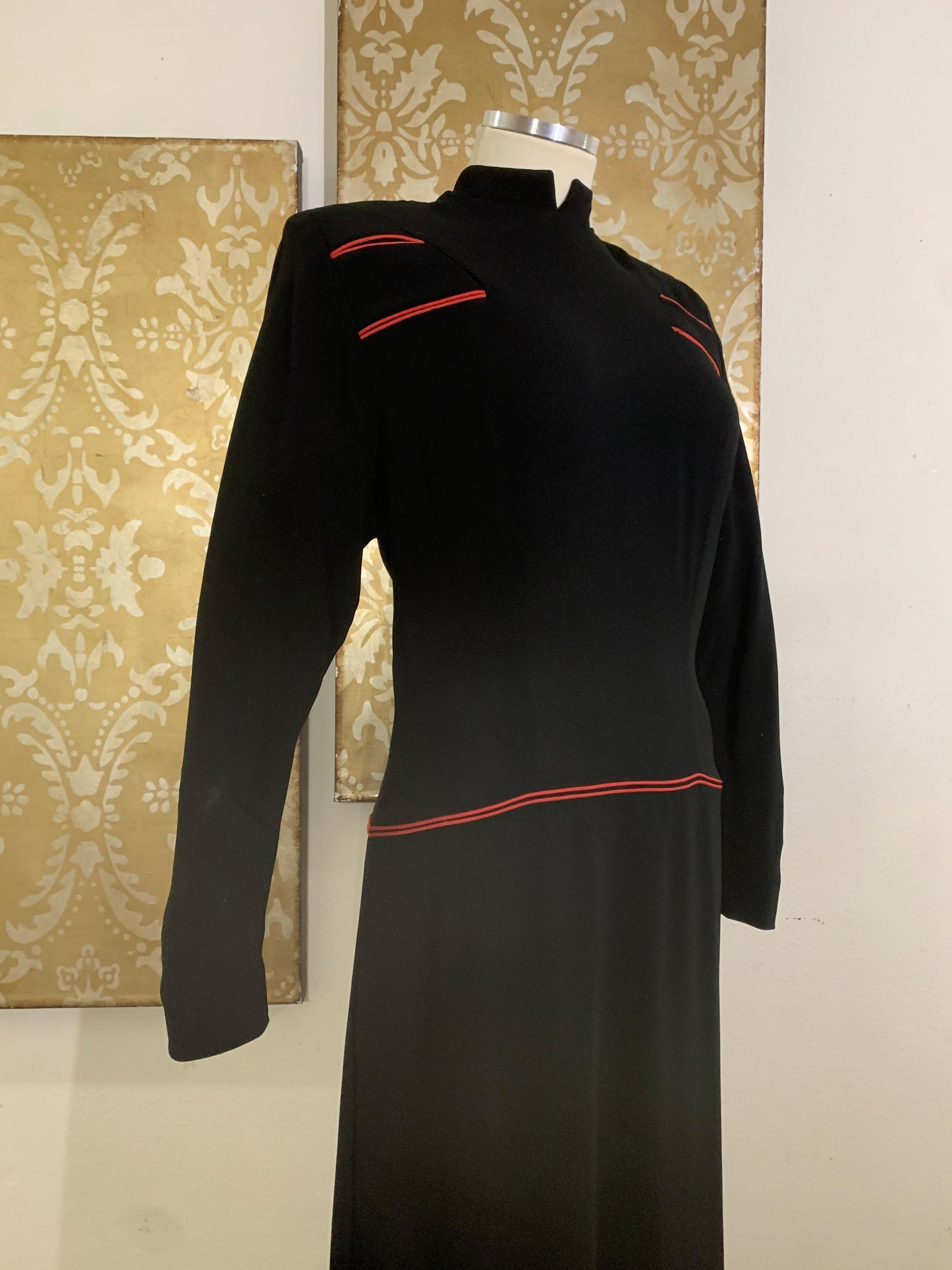 1940s Black Rayon Crepe Military-Inspired Tailored Day Dress w Red Piping For Sale 7