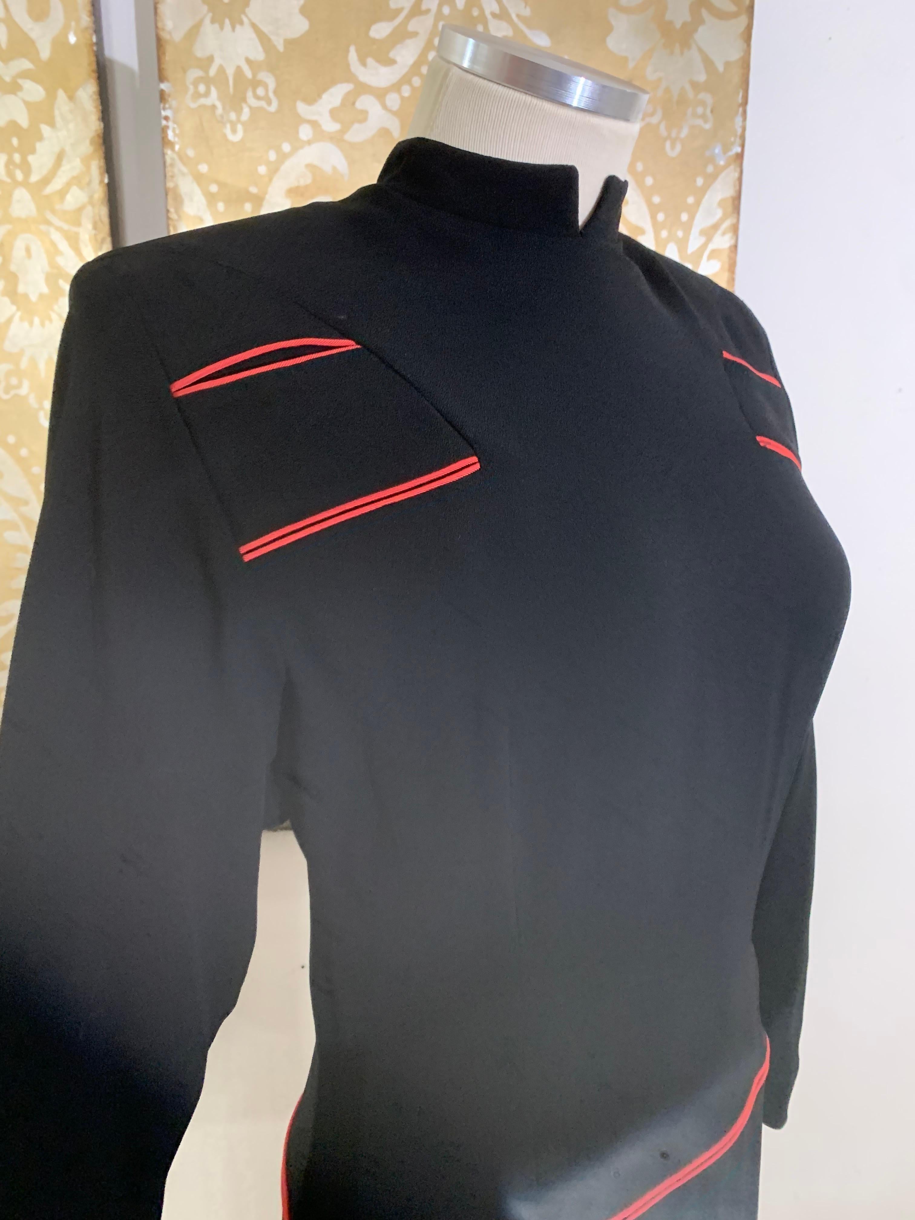 1940s Black Rayon Crepe Military-Inspired Tailored Day Dress w Red Piping For Sale 8