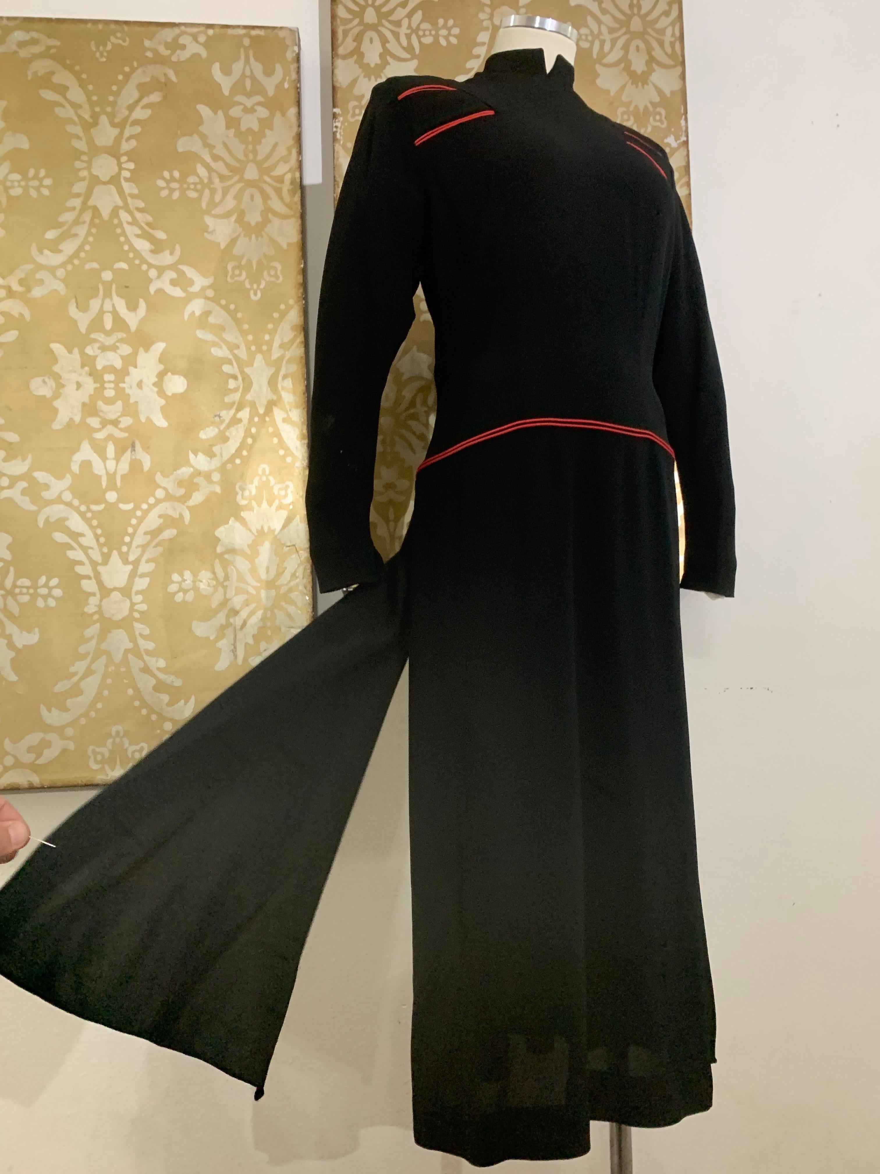 1940s Black Rayon Crepe Military-Inspired Tailored Day Dress w Red Piping In Excellent Condition For Sale In Gresham, OR