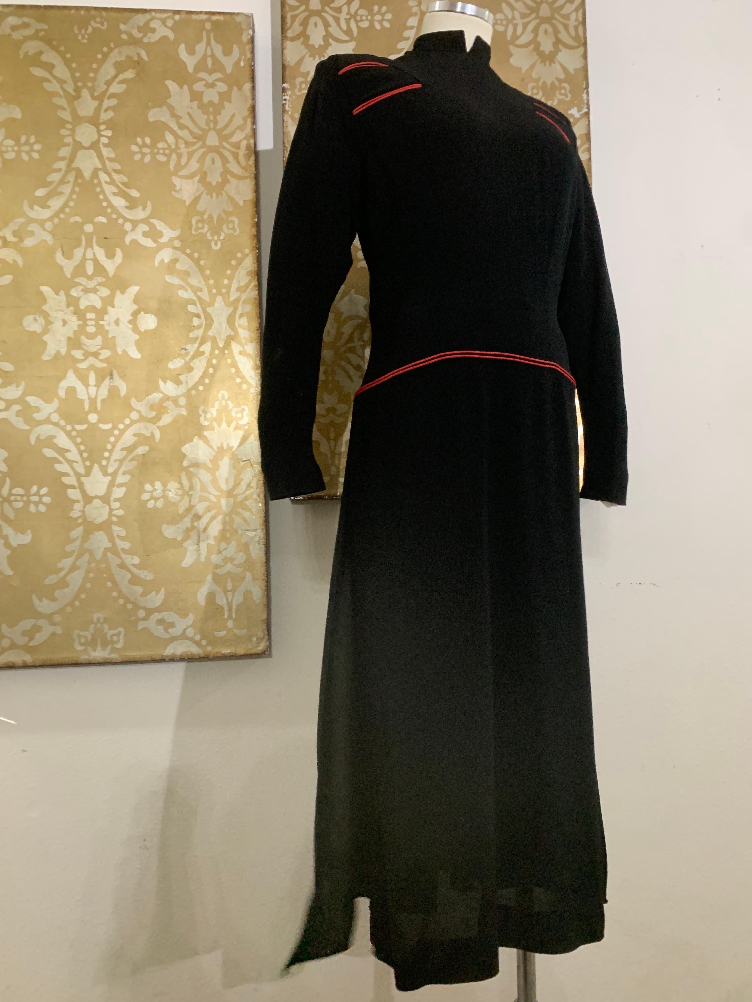 Women's 1940s Black Rayon Crepe Military-Inspired Tailored Day Dress w Red Piping For Sale