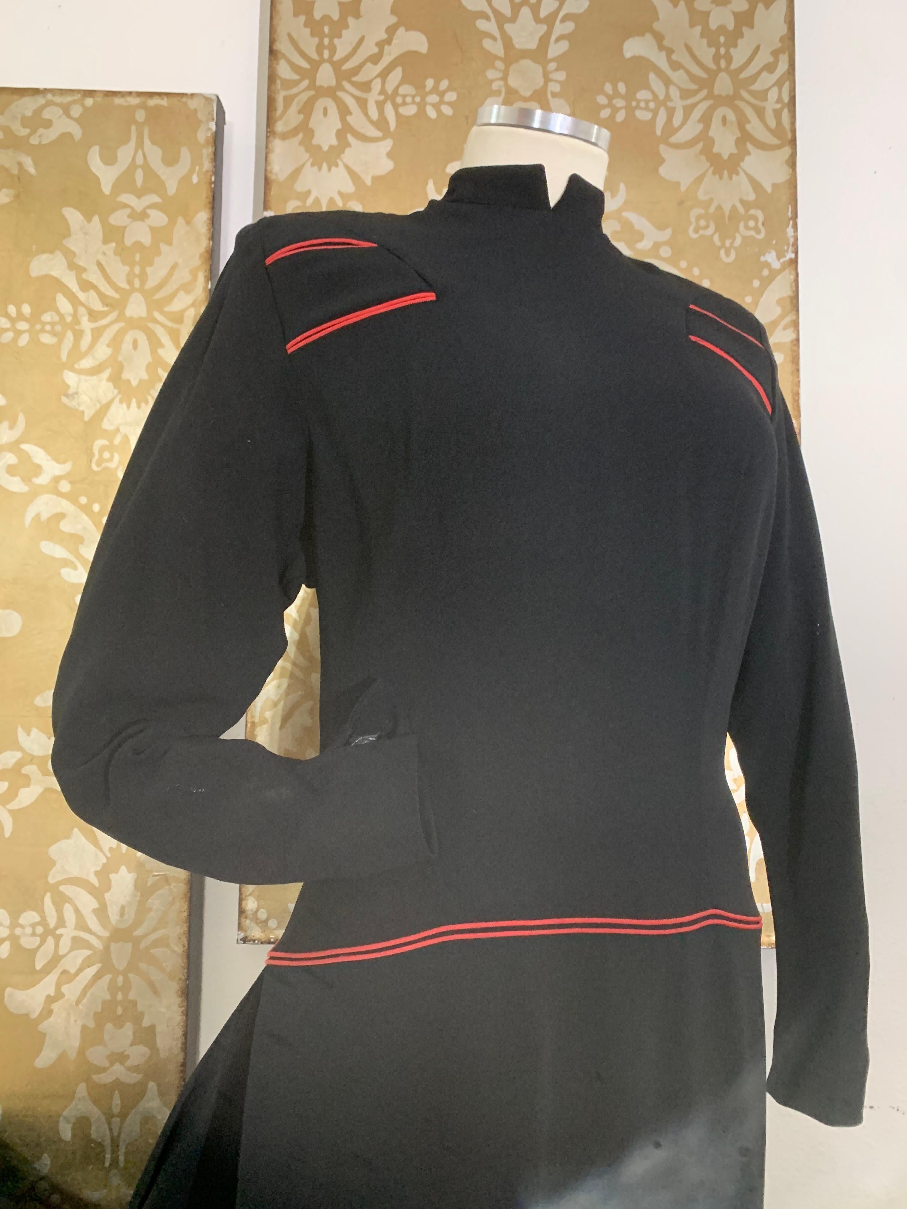 1940s Black Rayon Crepe Military-Inspired Tailored Day Dress w Red Piping For Sale 1