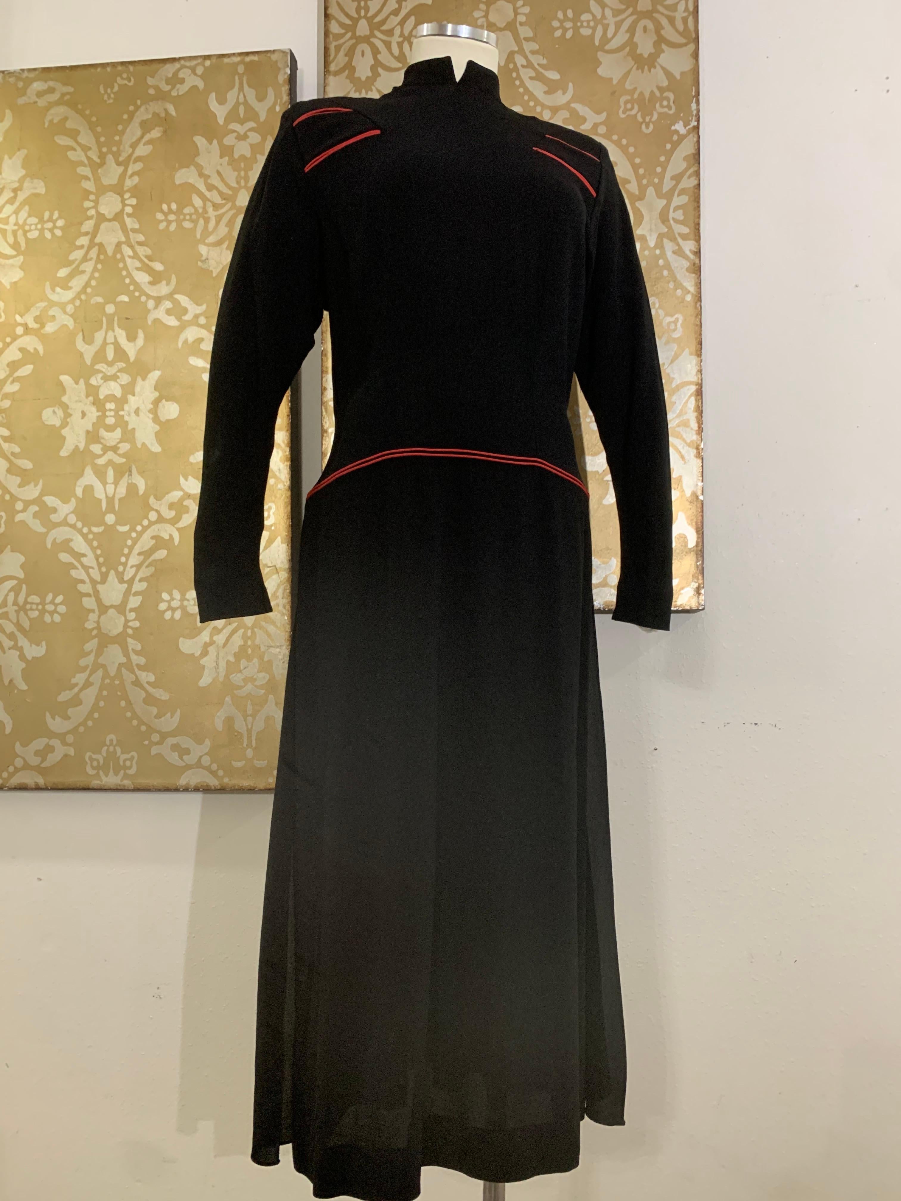 1940s Black Rayon Crepe Military-Inspired Tailored Day Dress w Red Piping For Sale 2