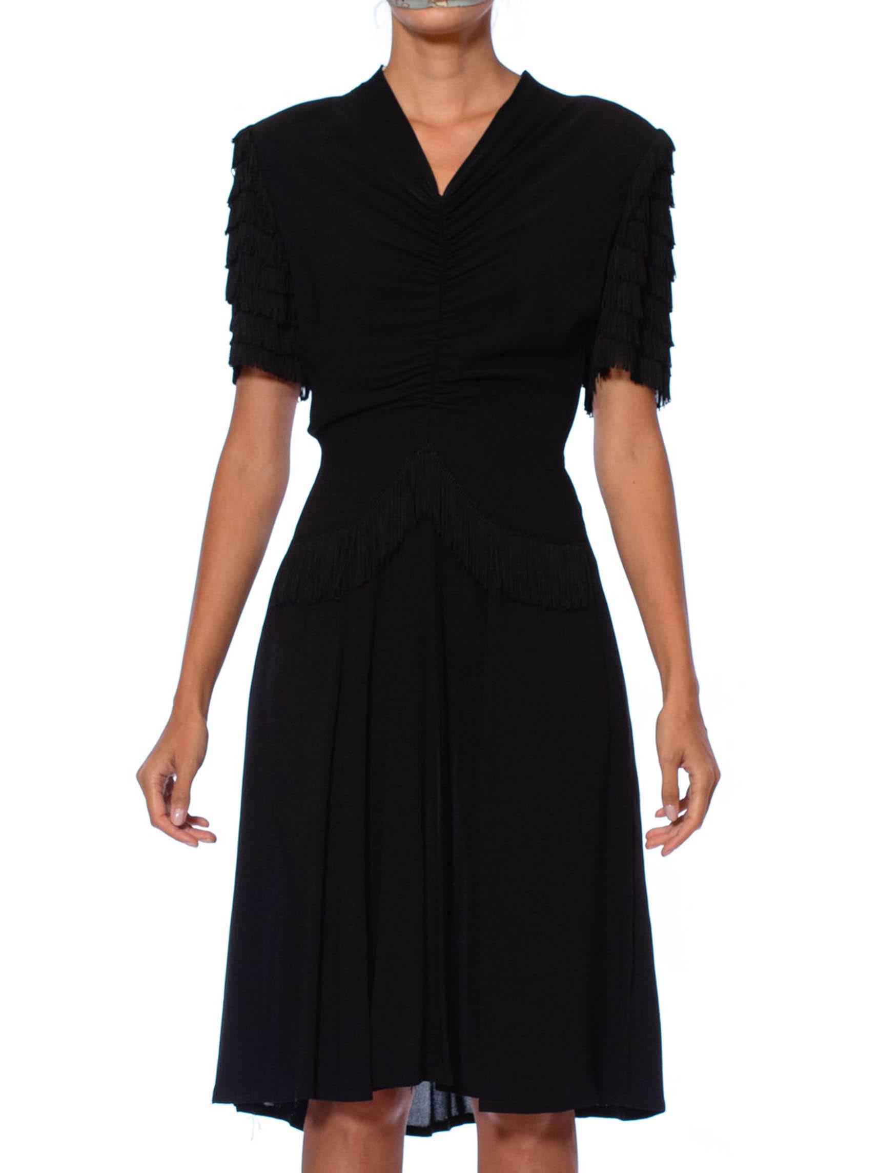 1940S Black Rayon Crepe Shirred Front Dress With Fringe Sleeves In Excellent Condition For Sale In New York, NY