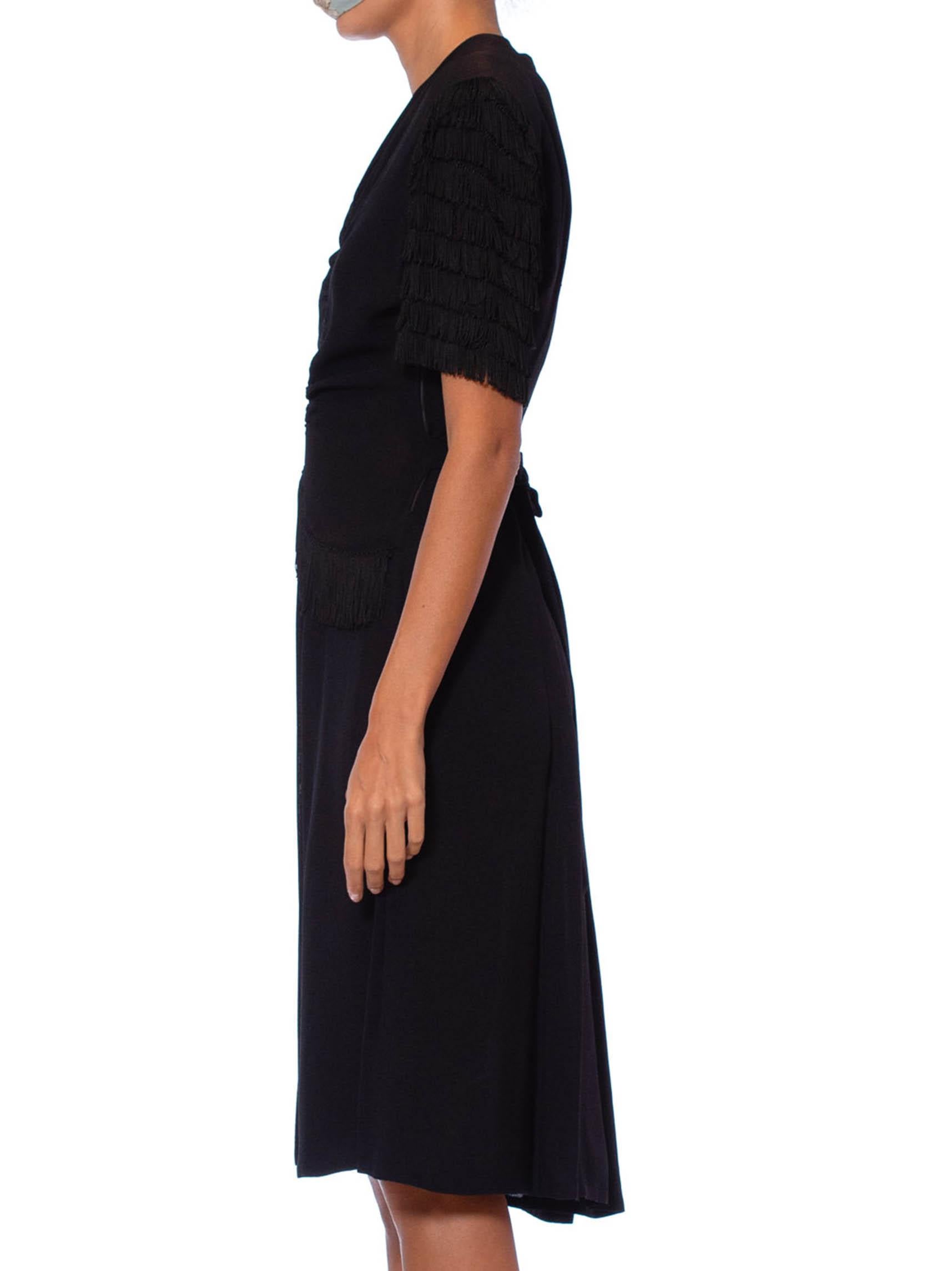 Women's 1940S Black Rayon Crepe Shirred Front Dress With Fringe Sleeves For Sale