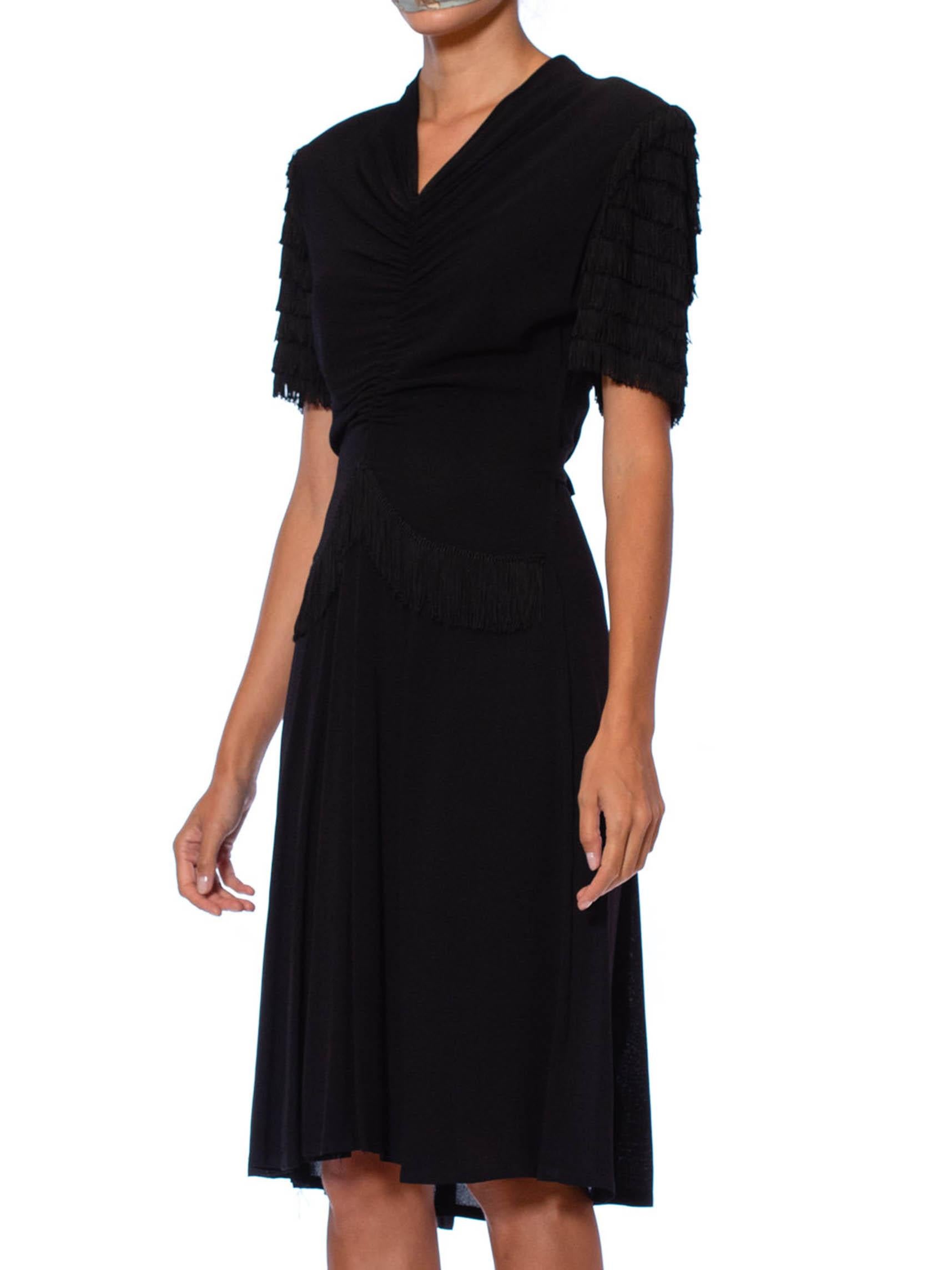 1940S Black Rayon Crepe Shirred Front Dress With Fringe Sleeves For Sale 2