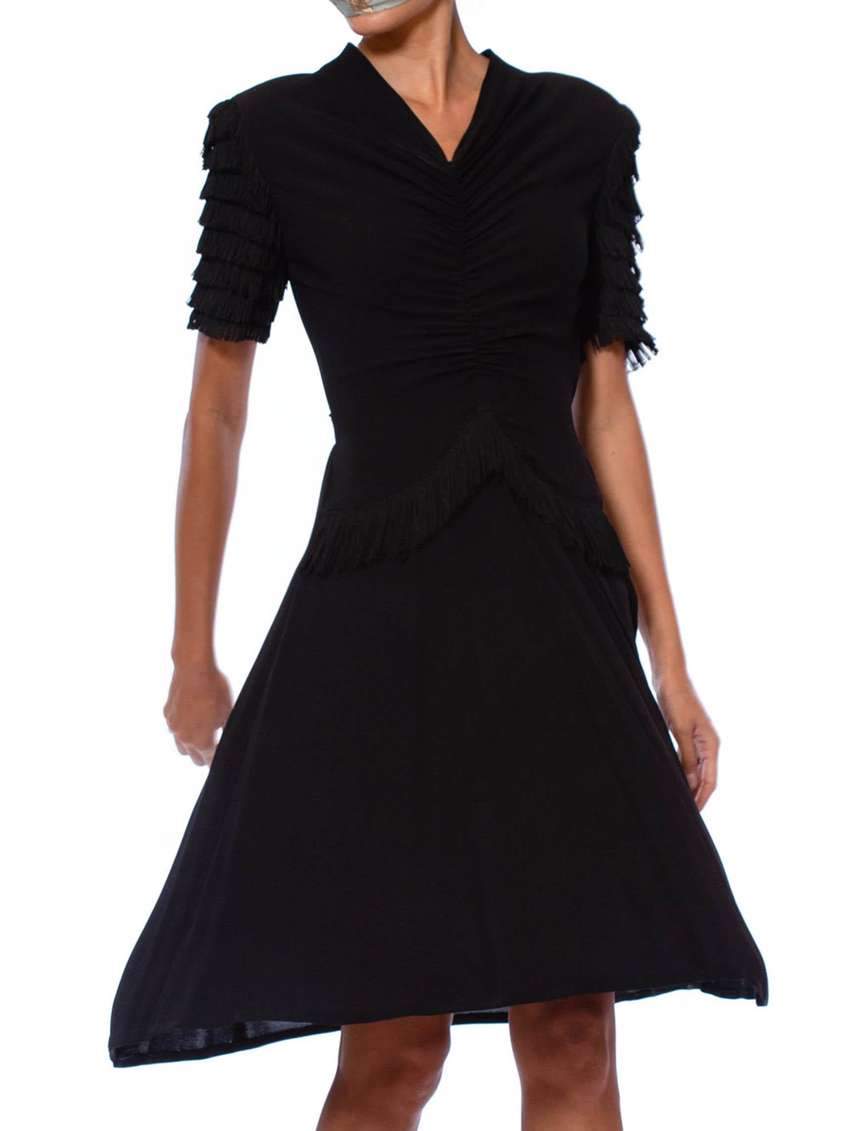 1940S Black Rayon Crepe Shirred Front Dress With Fringe Sleeves For Sale 3