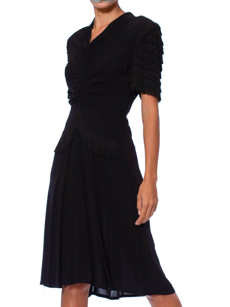 1940S Black Rayon Crepe Shirred Front Dress With Fringe Sleeves For ...