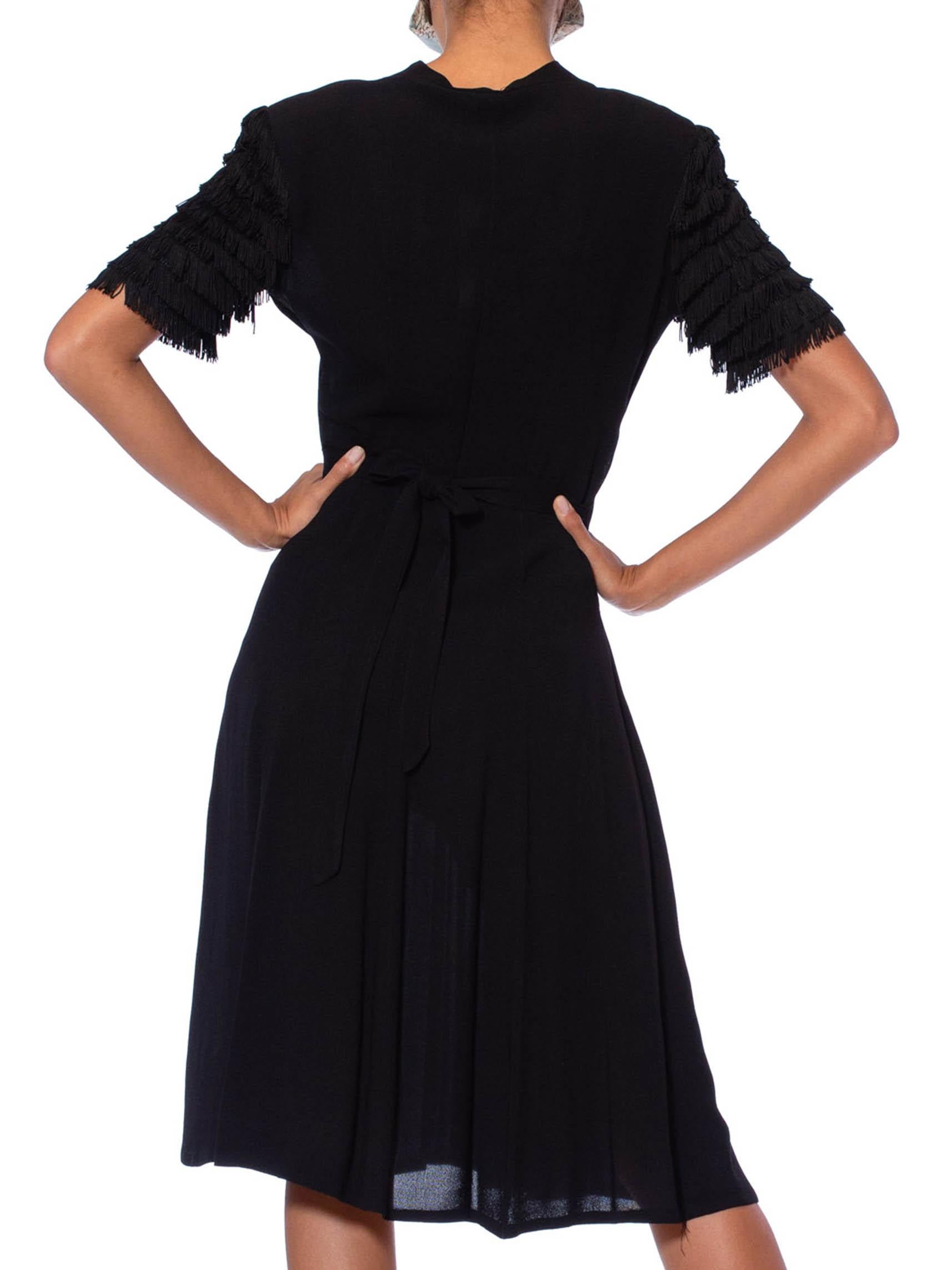 1940S Black Rayon Crepe Shirred Front Dress With Fringe Sleeves For Sale 5
