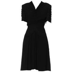 Vintage 1940S Black Rayon Crepe Shirred Front Dress With Fringe Sleeves