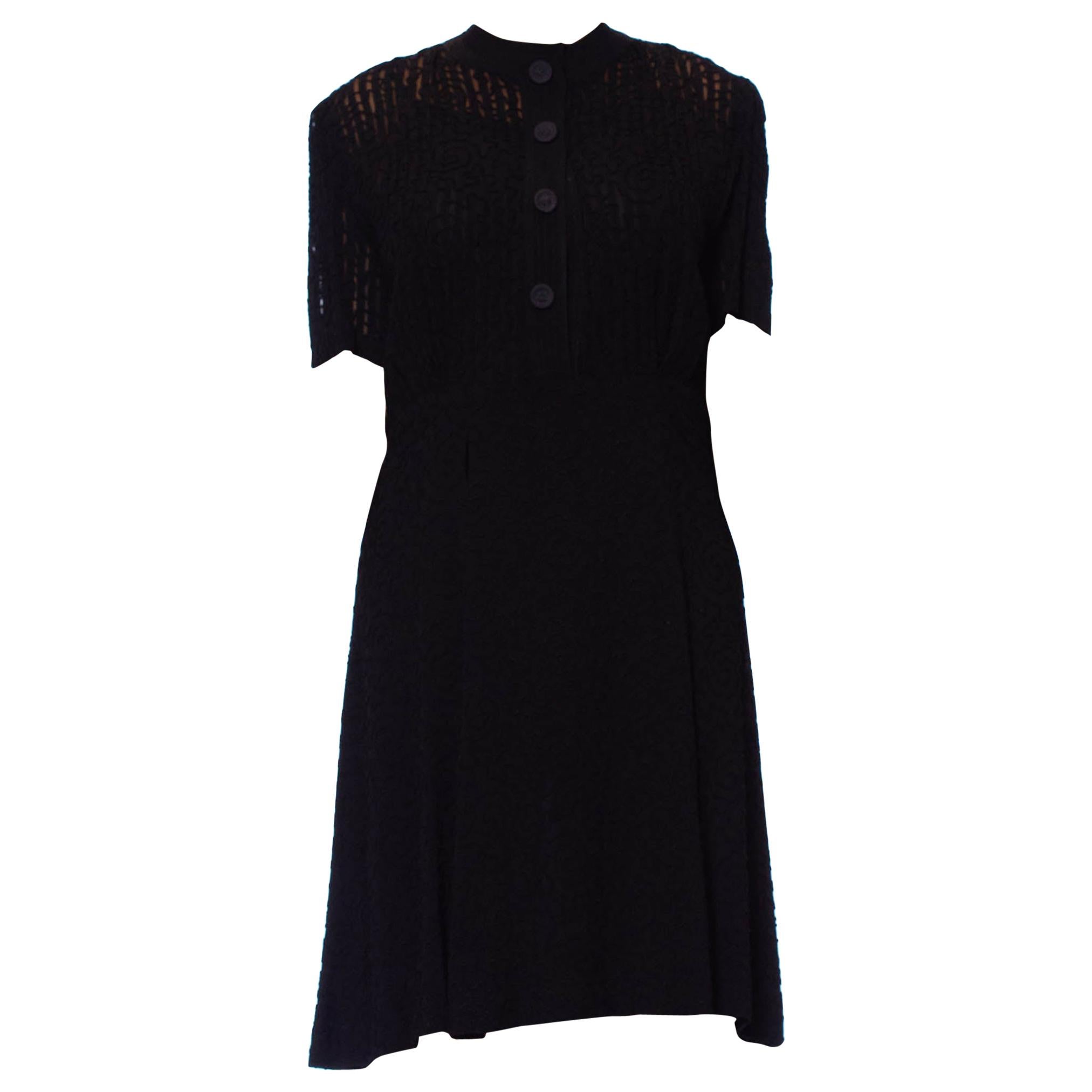 1940S Black Rayon Crepe Stripe Applique Dress With All Over Rope Embroidery