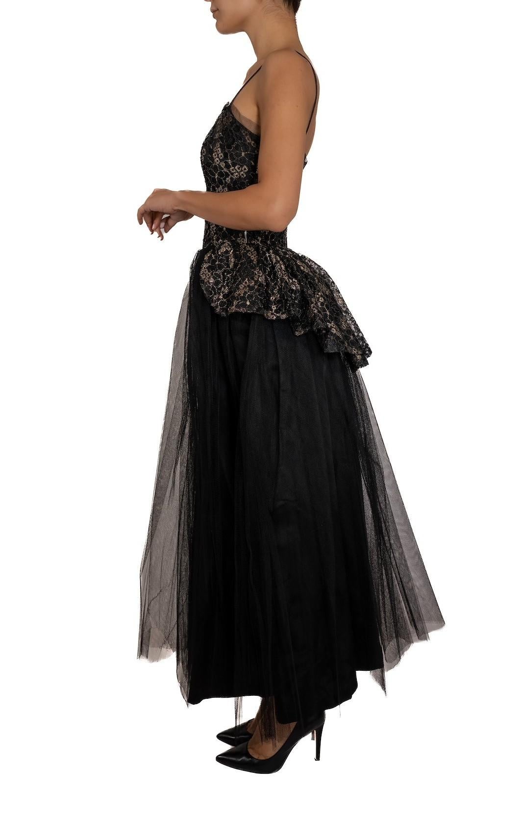 1940S Black Rayon & Nylon Gown With Metallic Lace On Tulle In Good Condition For Sale In New York, NY