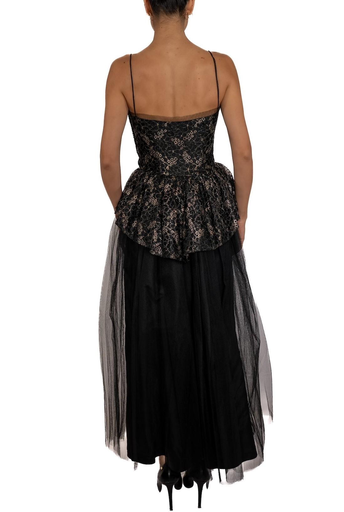 1940S Black Rayon & Nylon Gown With Metallic Lace On Tulle For Sale 1