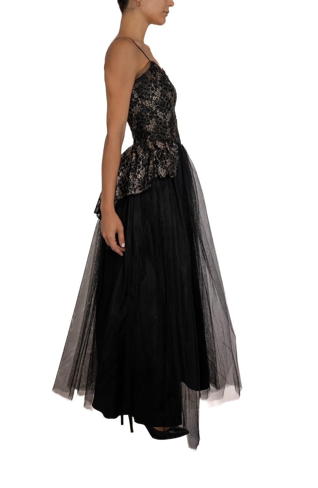 1940S Black Rayon & Nylon Gown With Metallic Lace On Tulle For Sale 3