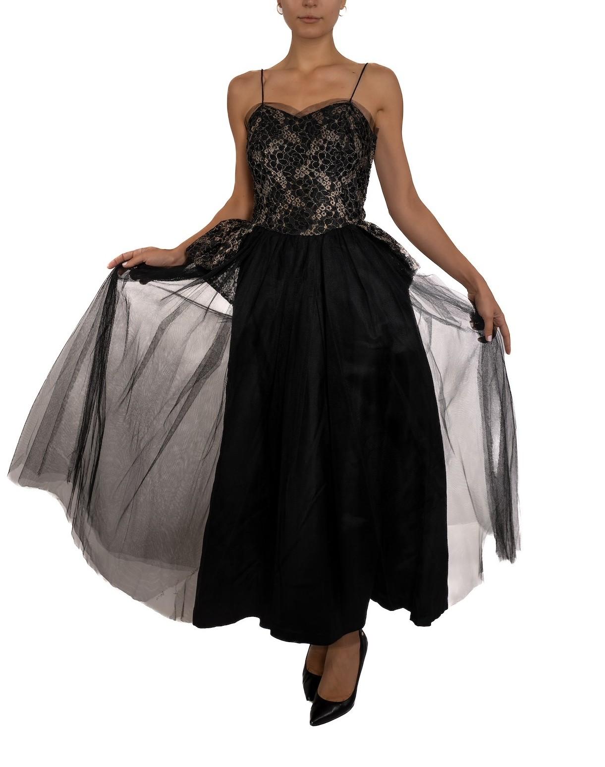1940S Black Rayon & Nylon Gown With Metallic Lace On Tulle For Sale 4