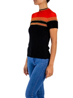 1940S Black & Red Rayon Hand Knit Top With Metallic Gold Details