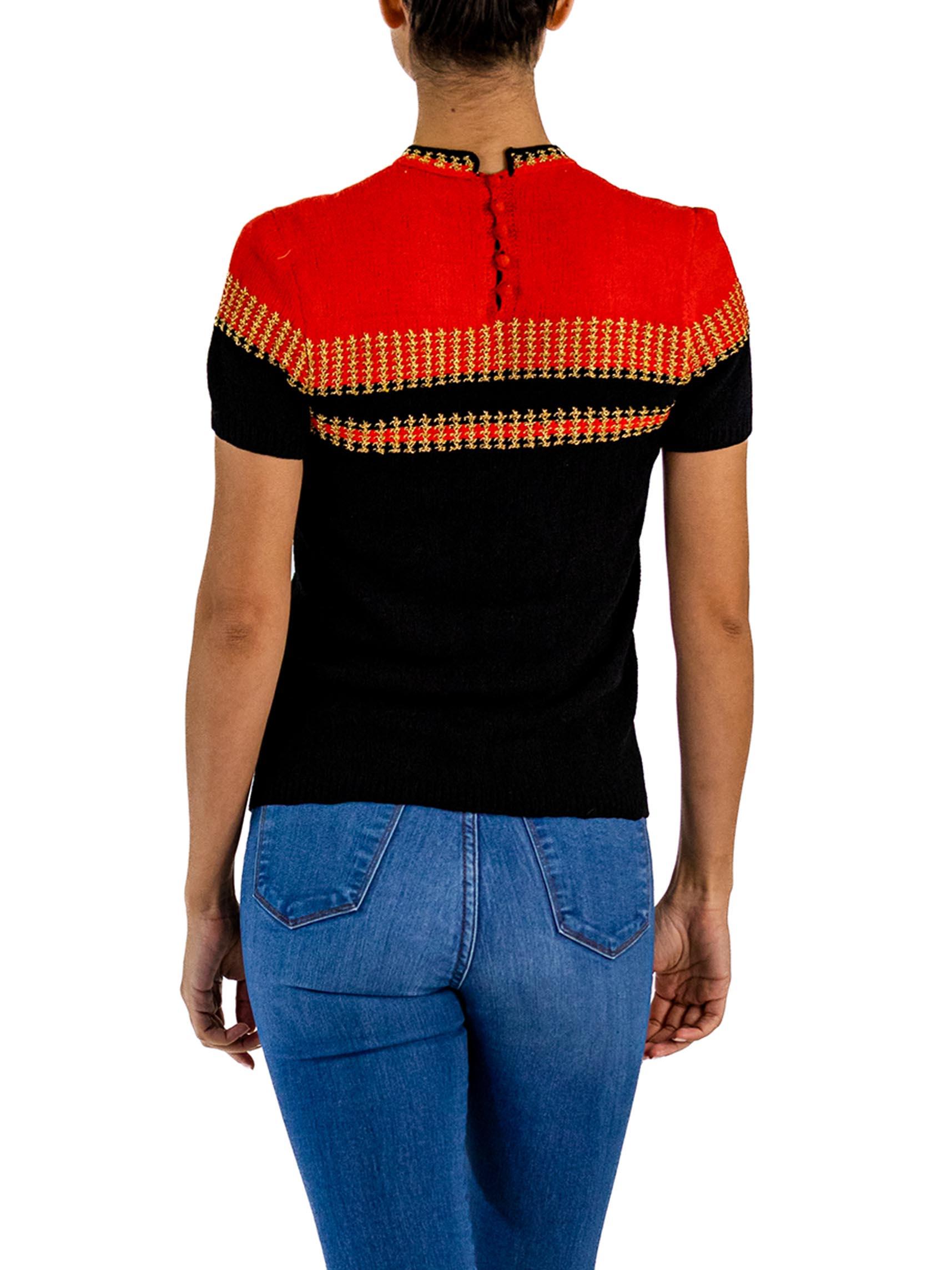 Women's 1940S Black & Red Rayon Hand Knit Top With Metallic Gold Details For Sale