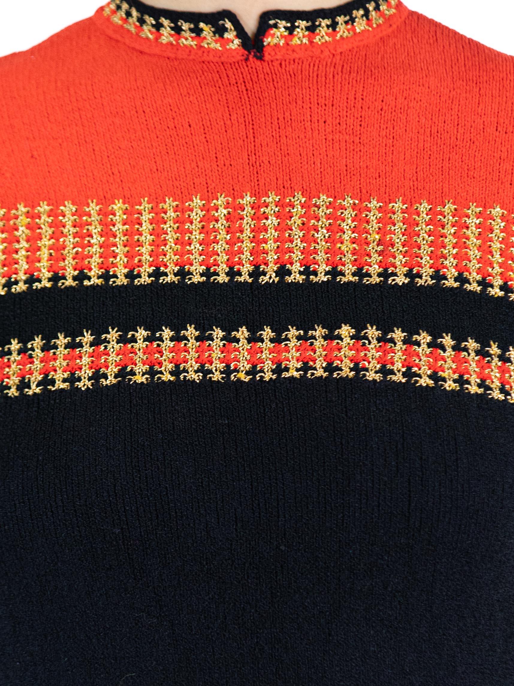 1940S Black & Red Rayon Hand Knit Top With Metallic Gold Details For Sale 1