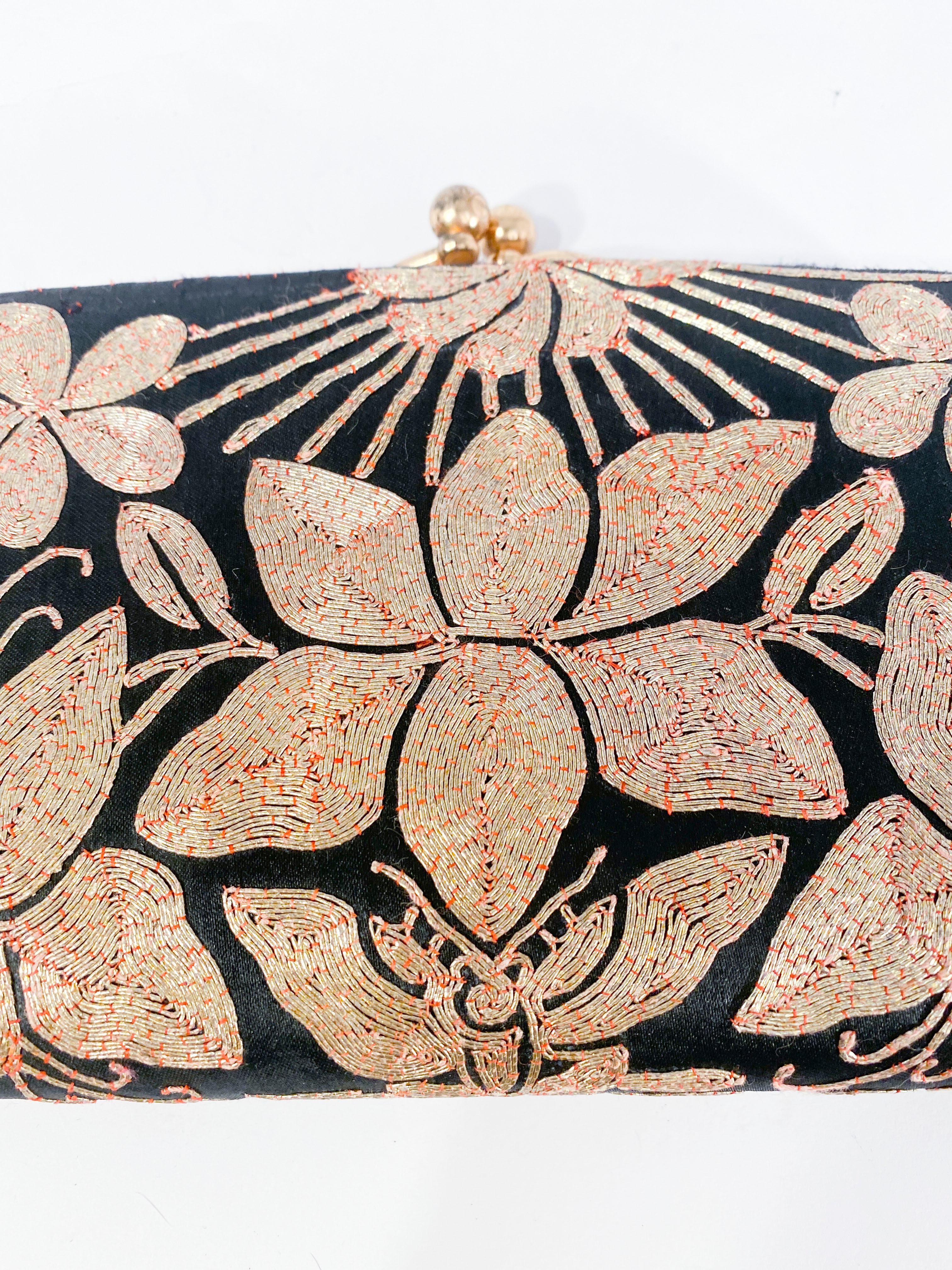 Beige 1940s Black Satin Evening Clutch with Gold Metallic Shusu Embroidery 