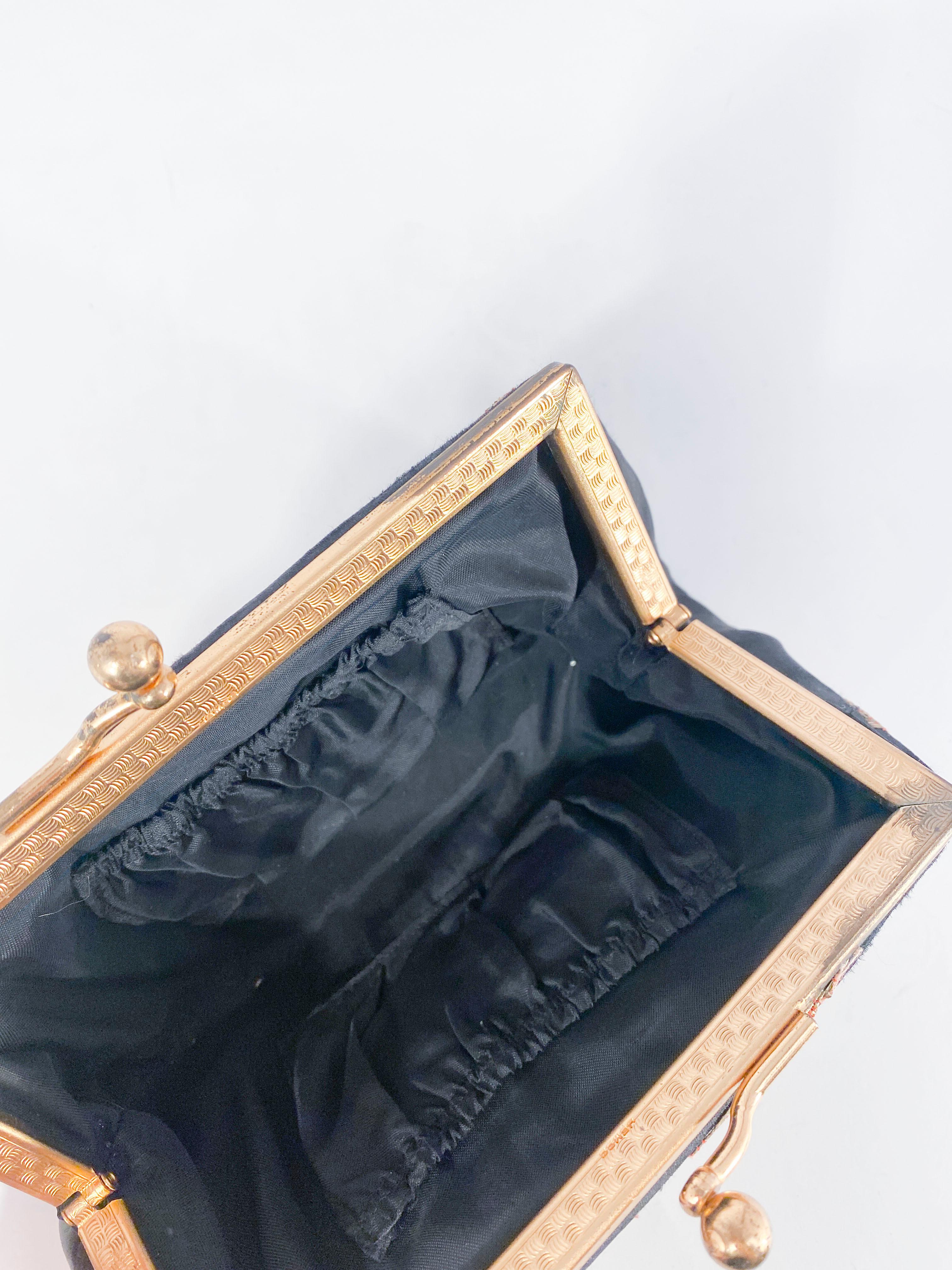 1940s Black Satin Evening Clutch with Gold Metallic Shusu Embroidery  In Good Condition In San Francisco, CA