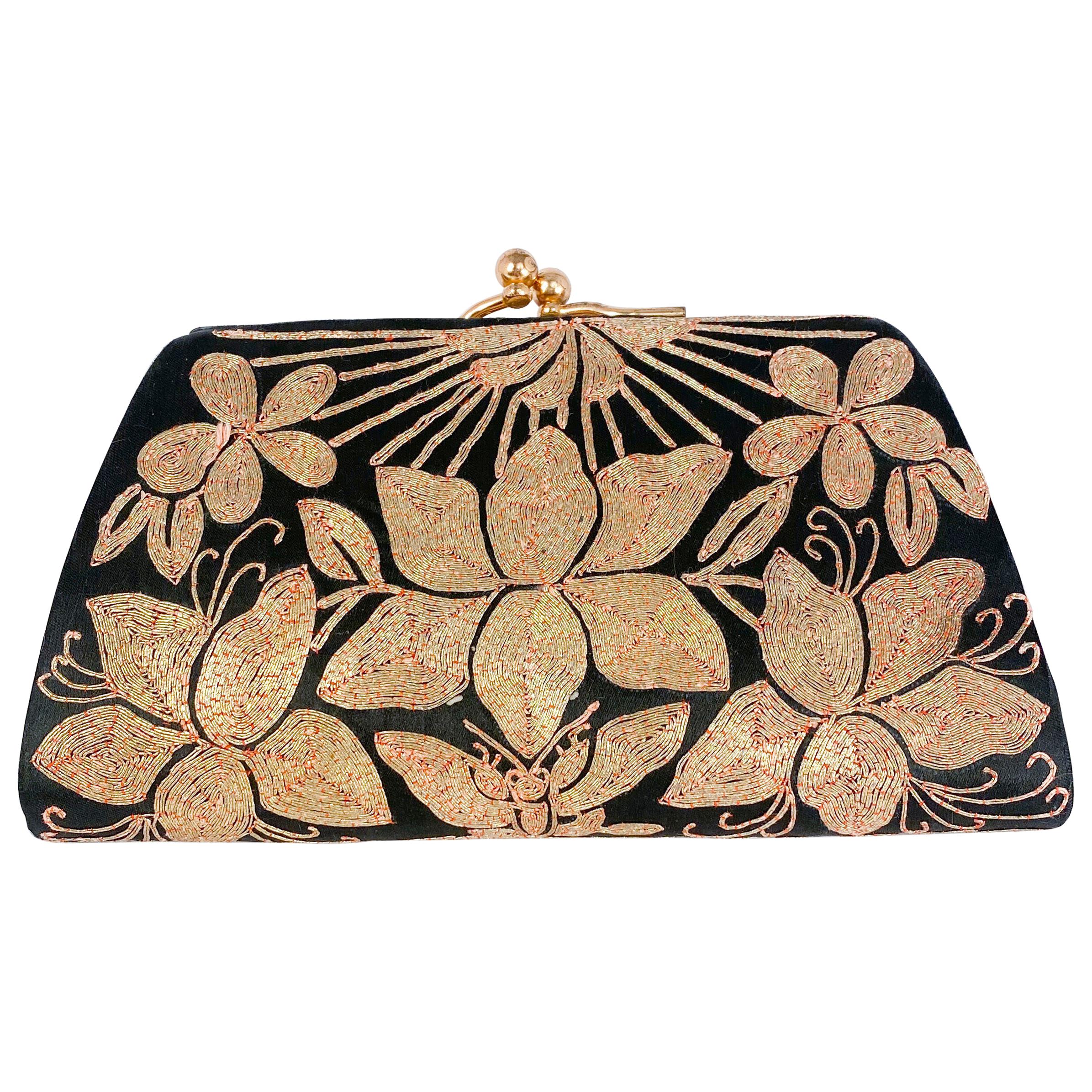 1940s Black Satin Evening Clutch with Gold Metallic Shusu Embroidery 