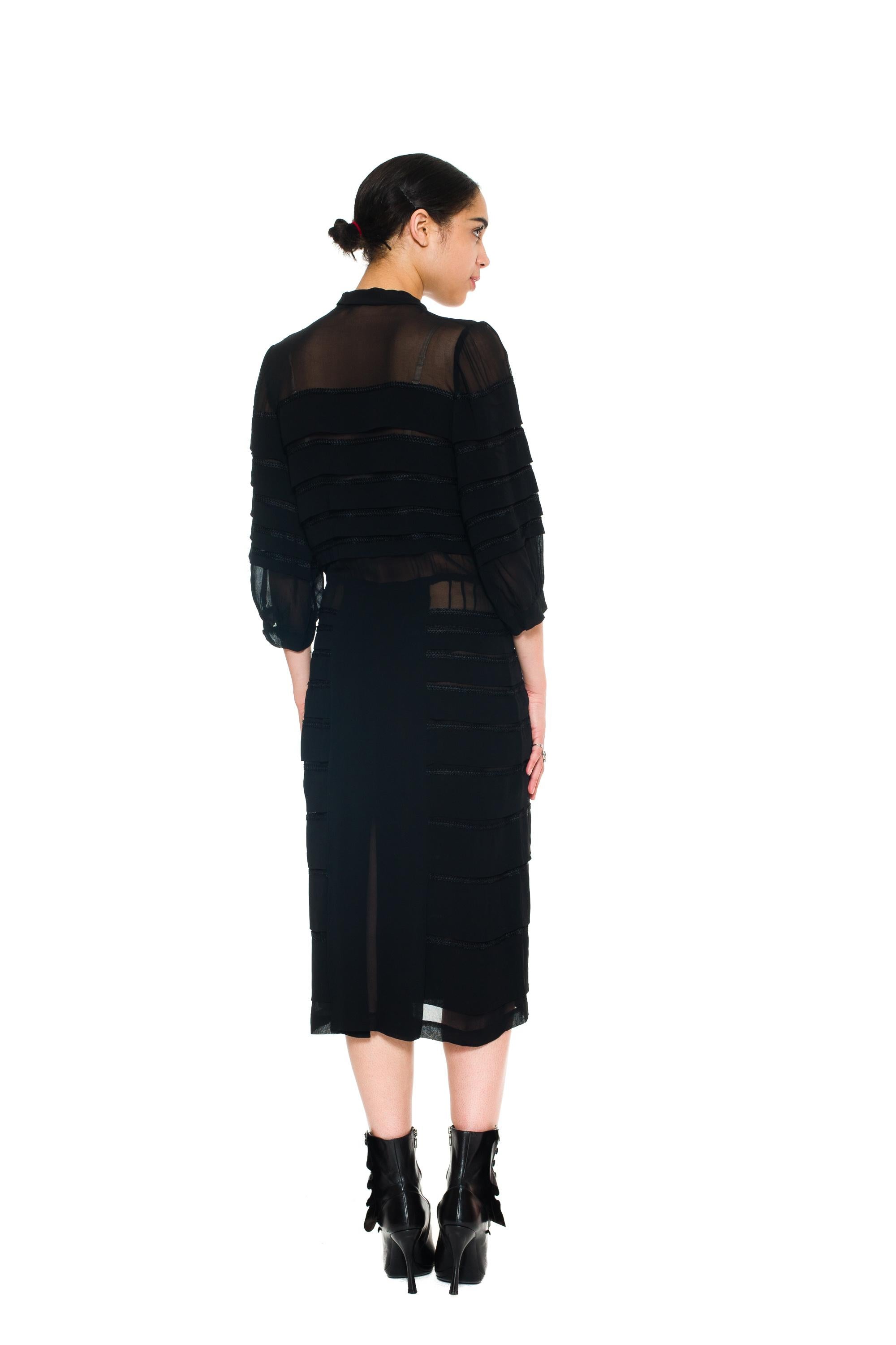 Women's 1940s Black Sheer Rayon Chiffon pleated Dress  For Sale