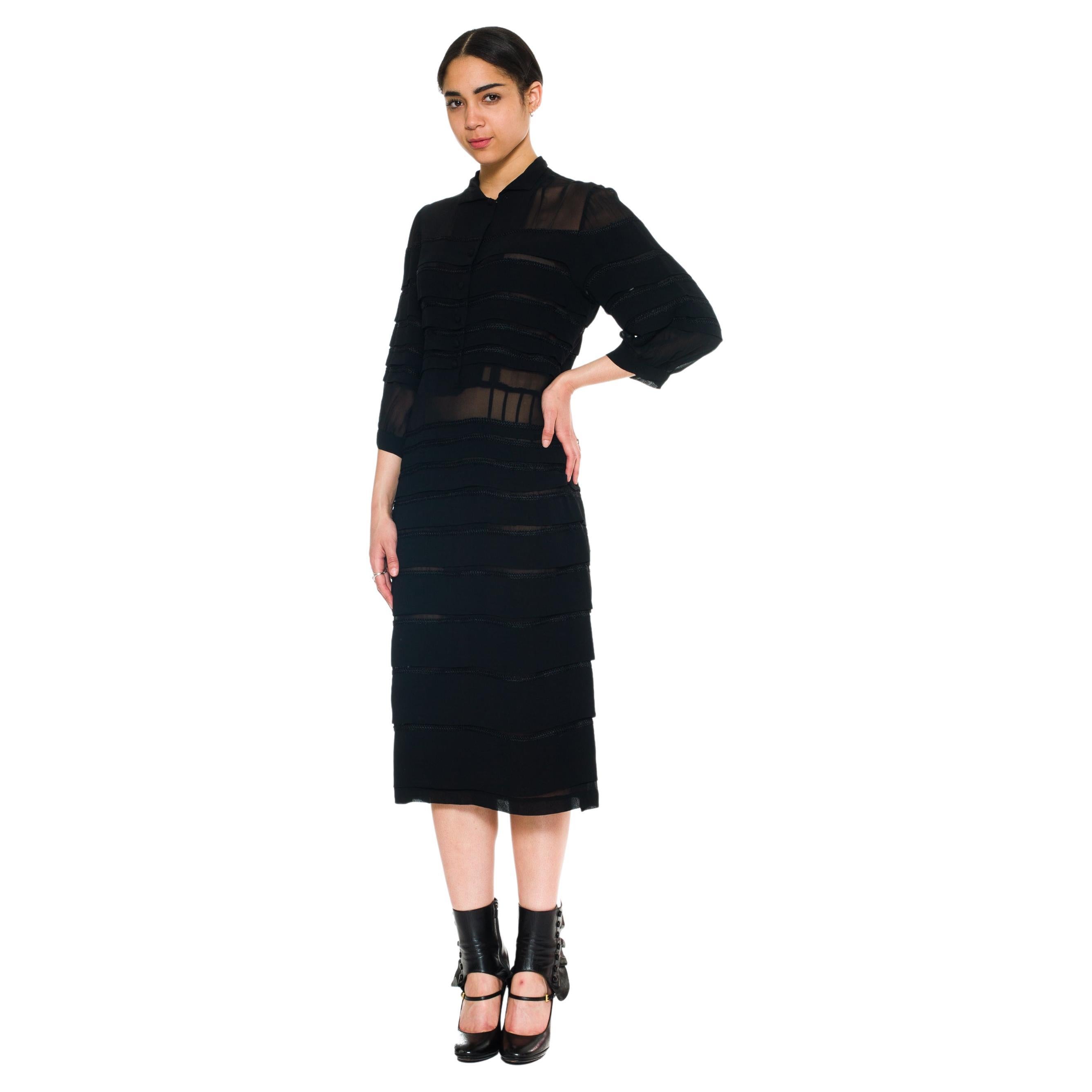 1940s Black Sheer Rayon Chiffon pleated Dress  For Sale
