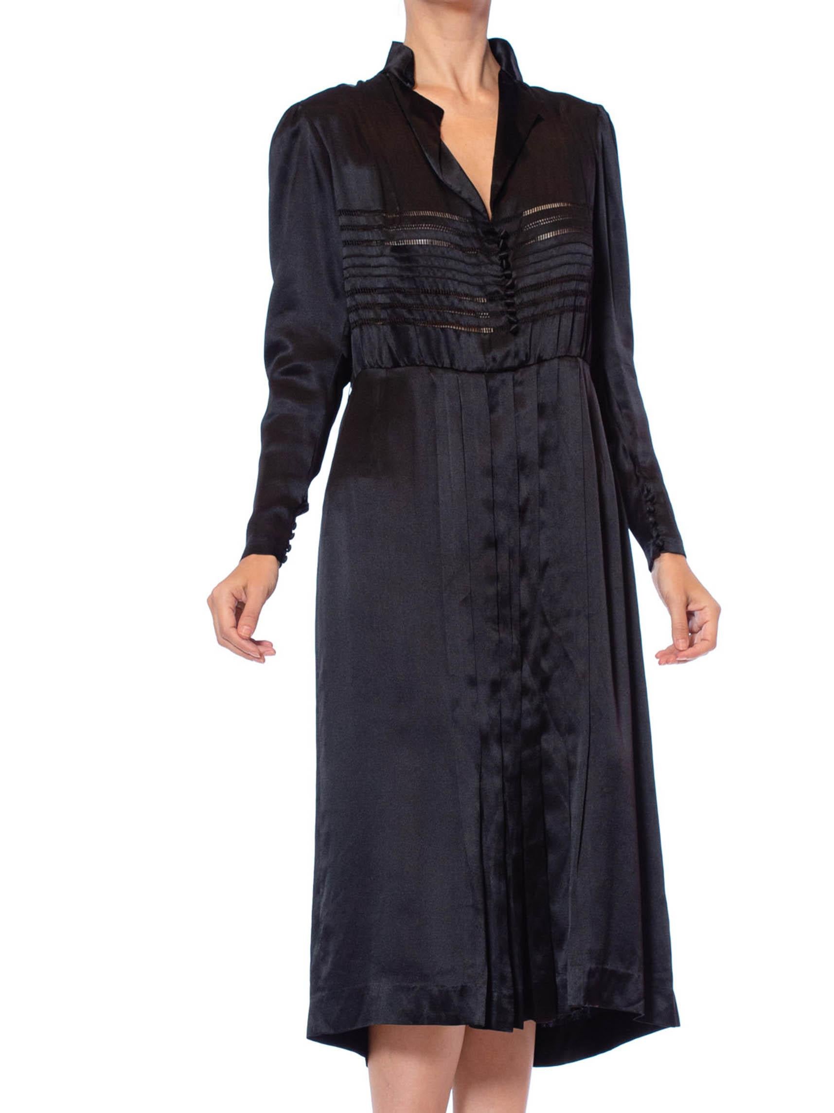 1940'S Black Silk Charmeuse Button Front Couture Detailed Dress From Paris In Excellent Condition In New York, NY