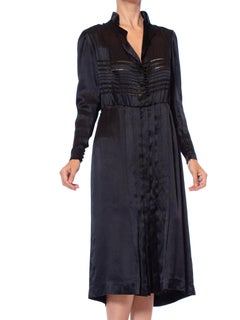 1940'S Black Silk Charmeuse Button Front Couture Detailed Dress From Paris