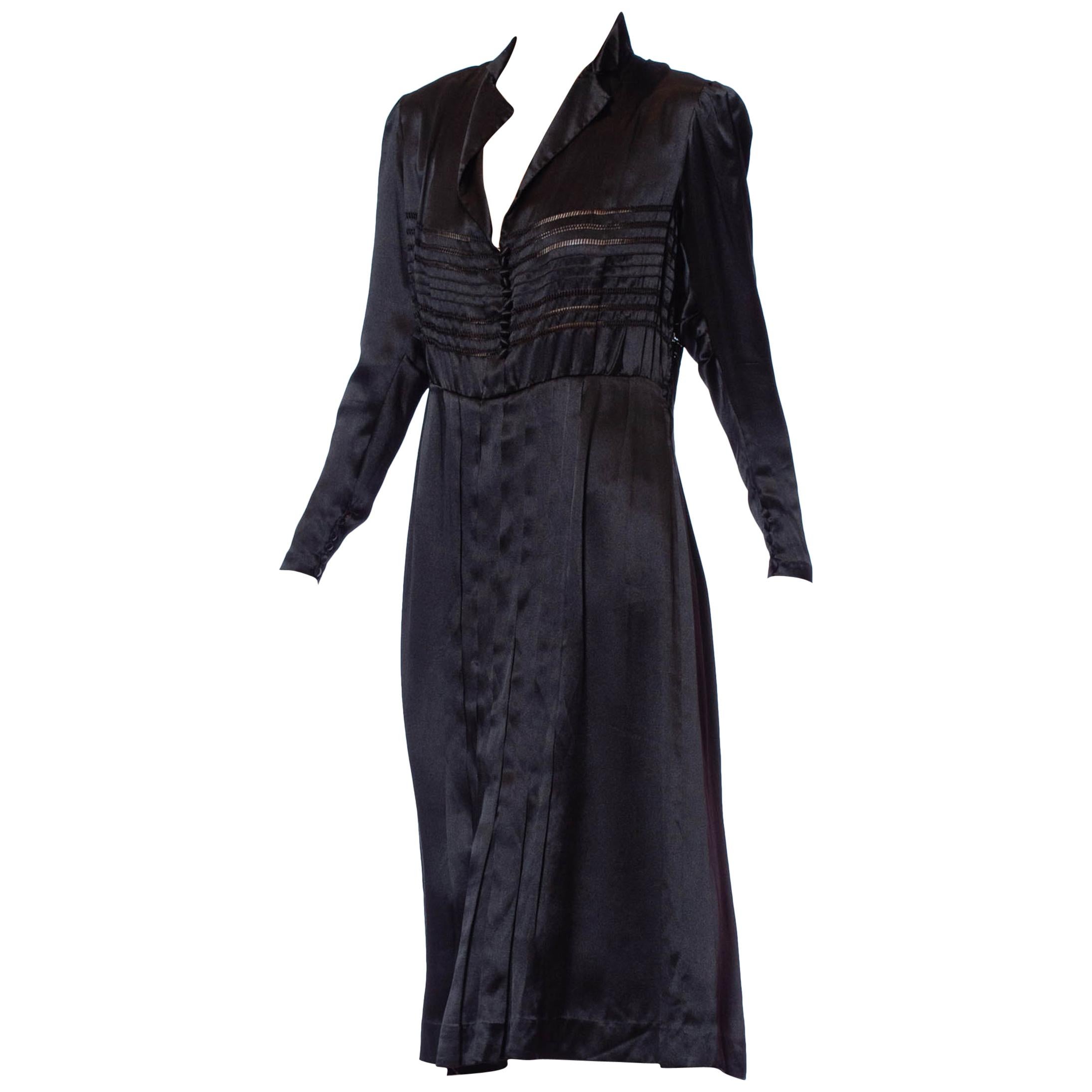 1940'S Black Silk Charmeuse Button Front Couture Detailed Dress From Paris