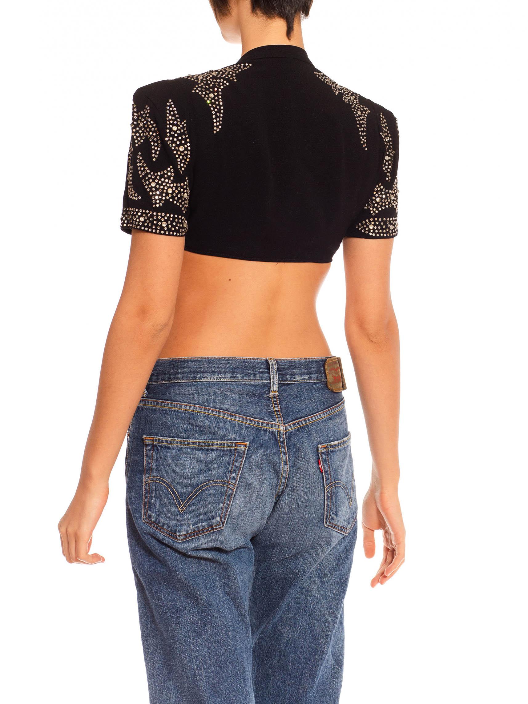 1940S Black Silk Crepe Reinstone Crystal Embellished Crop Top For Sale 4