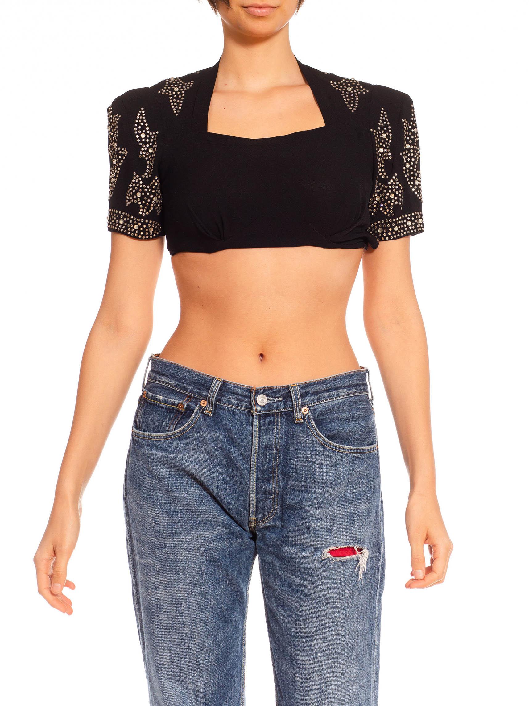 1940S Black Silk Crepe Reinstone Crystal Embellished Crop Top In Excellent Condition For Sale In New York, NY