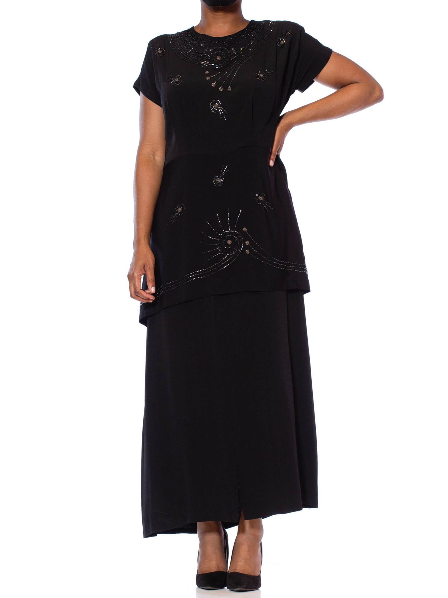 1940S Black Silk Faille Short Sleeved Midi Length Cocktail Dress With Beaded Shooting Stars