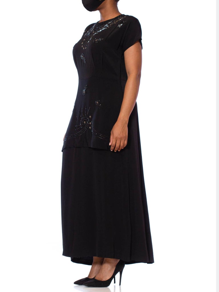 1940s Black Silk Faille Short Sleeved Midi Length Cocktail Dress With Beaded Sh