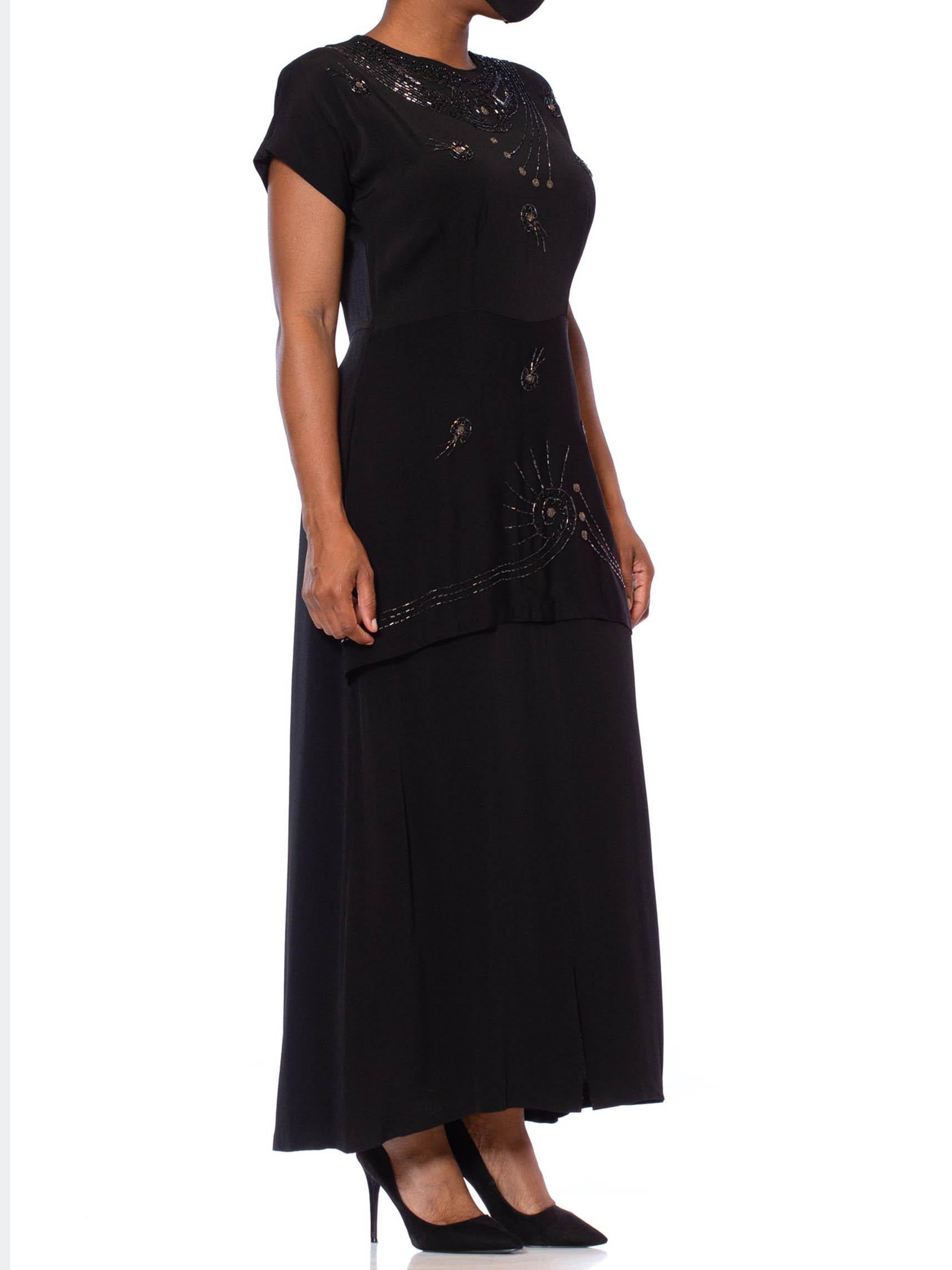 1940S Black Silk Faille Short Sleeved Midi Length Cocktail Dress With Beaded Sh In Excellent Condition For Sale In New York, NY