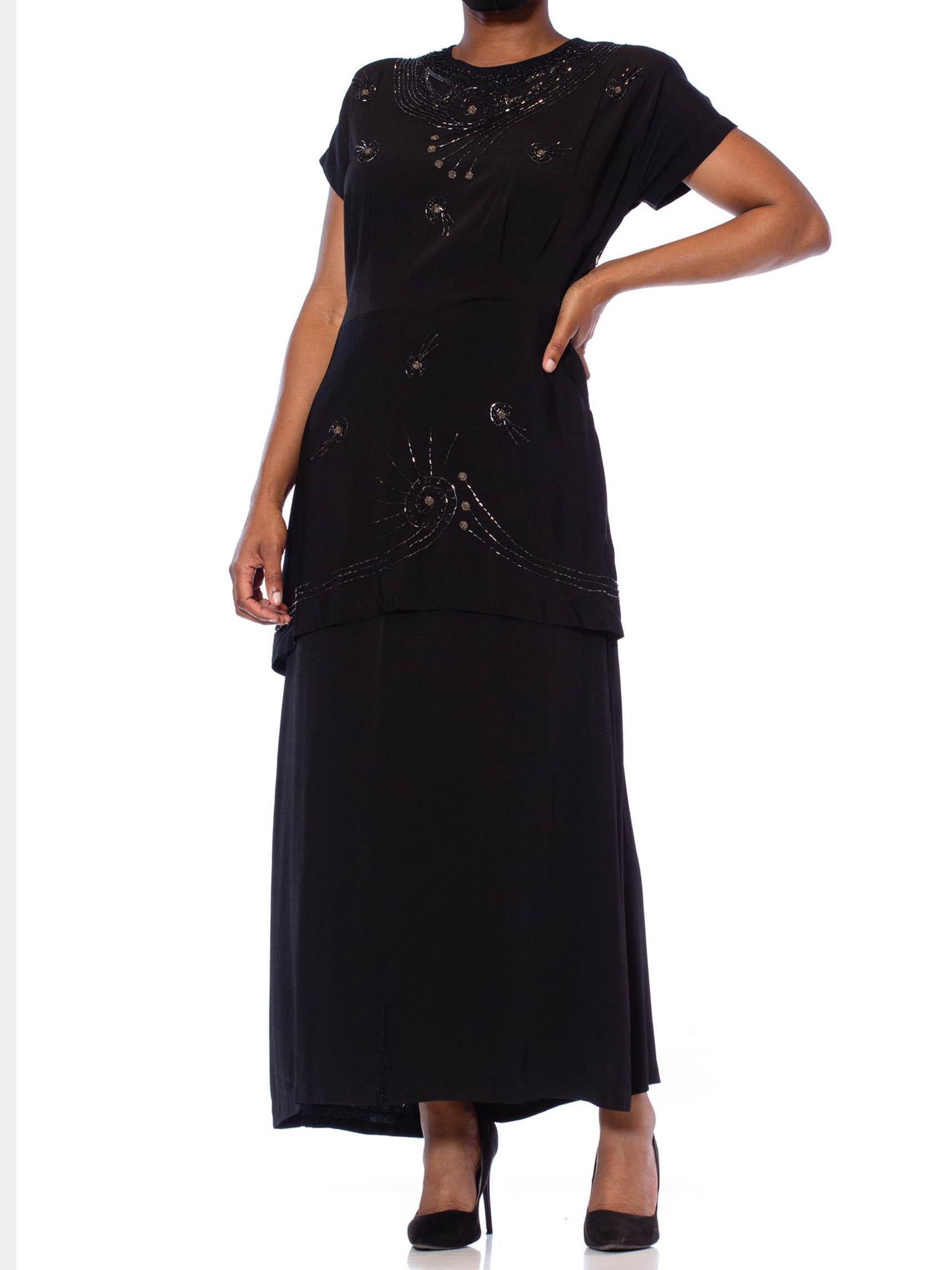 Women's 1940S Black Silk Faille Short Sleeved Midi Length Cocktail Dress With Beaded Sh For Sale