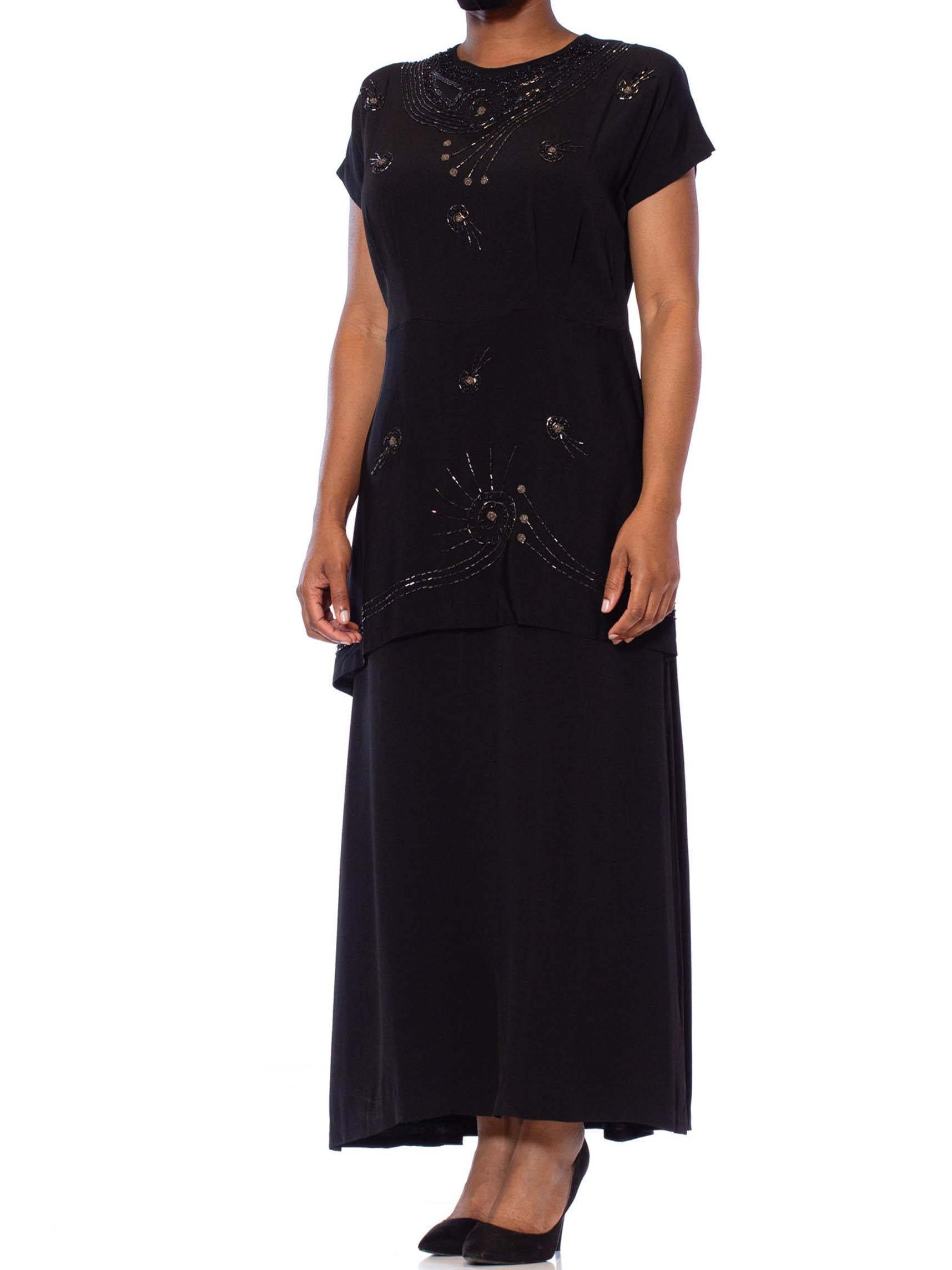 1940S Black Silk Faille Short Sleeved Midi Length Cocktail Dress With Beaded Sh For Sale 1