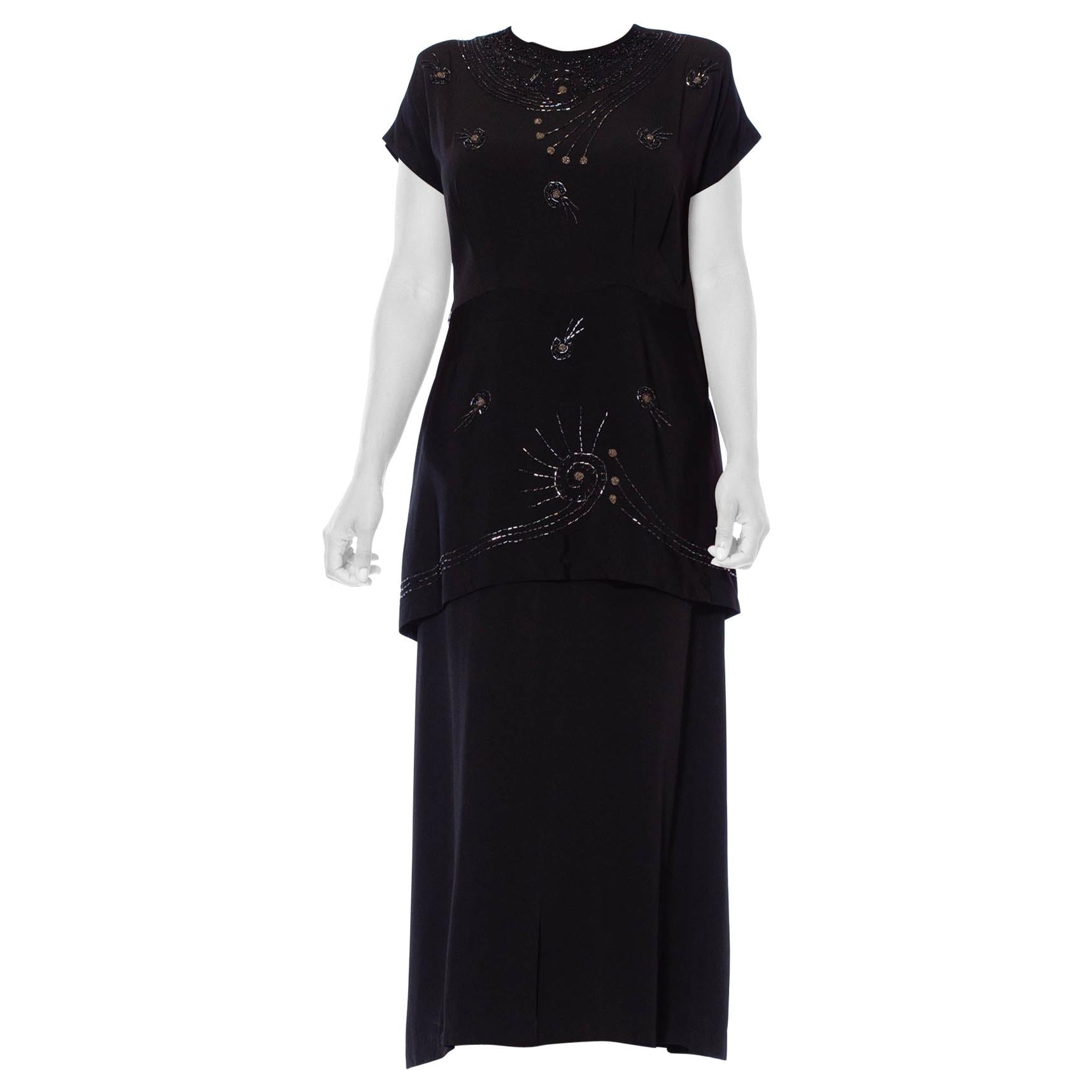 1940S Black Silk Faille Short Sleeved Midi Length Cocktail Dress With Beaded Sh For Sale