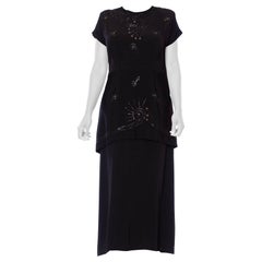 1940S Black Silk Faille Short Sleeved Midi Length Cocktail Dress With Beaded Sh