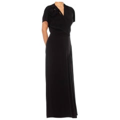 1940S Black Silk Rayon Blend Faille Asymmetrical Wrap Bodice  Gown With Bows &