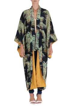 1940S Black Silk & Rayon Rare Tropical Print Kimono