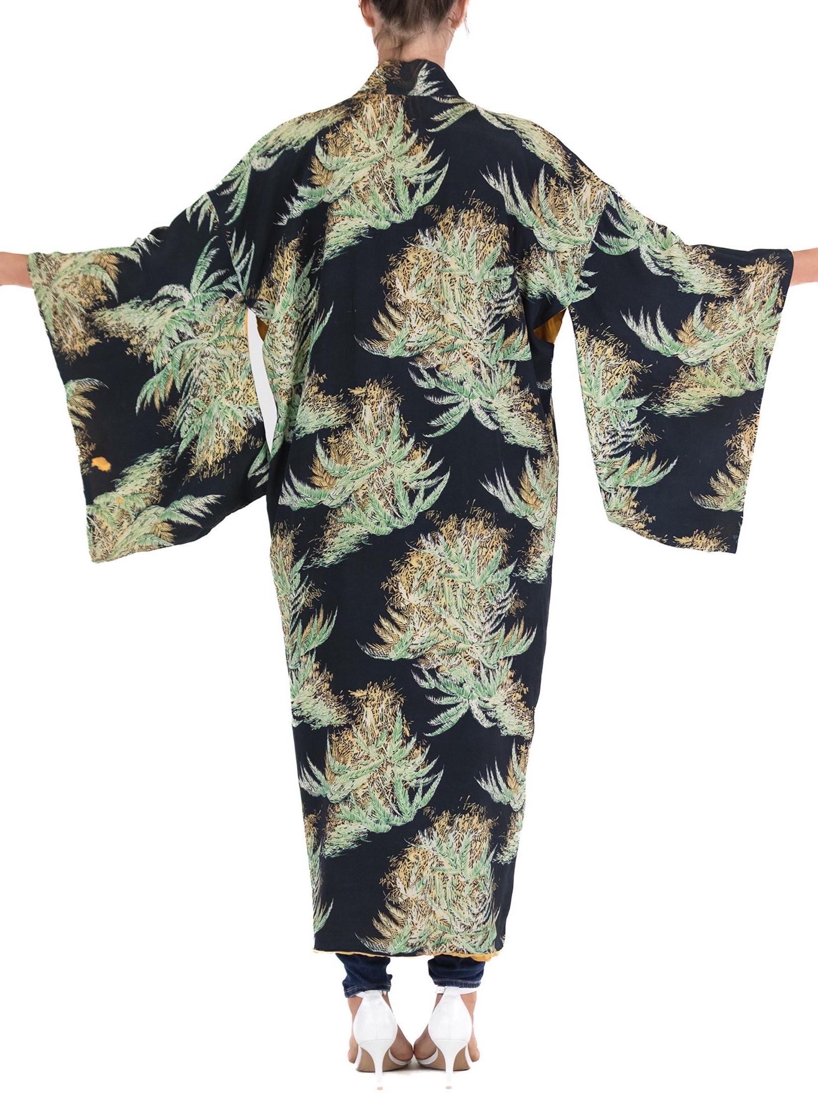 Women's or Men's 1940S Black Silk & Rayon Rare Tropical Print Kimono For Sale